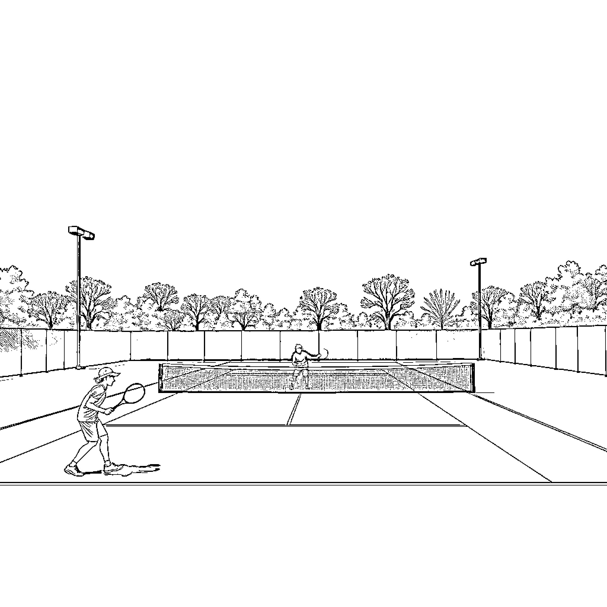 Tennis Team Playing on Outdoor Court Coloring Page (free black-and-white line drawing printable PDF for all, from beginners to advanced learners, including children, teens, adults, and seniors)