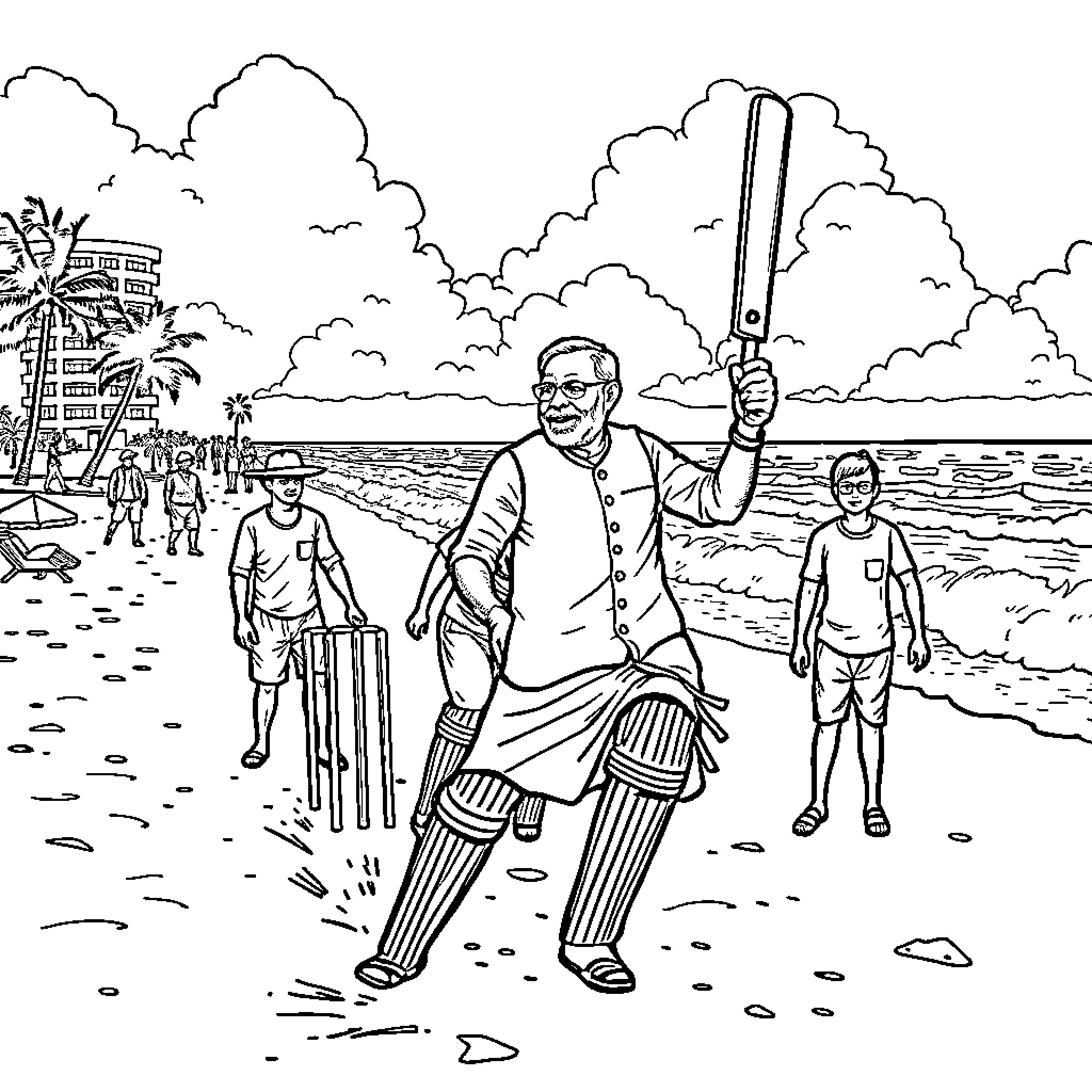 Narendra Modi playing cricket on the beach Coloring Page (free black-and-white line drawing printable PDF for all, from beginners to advanced learners, including children, teens, adults, and seniors)