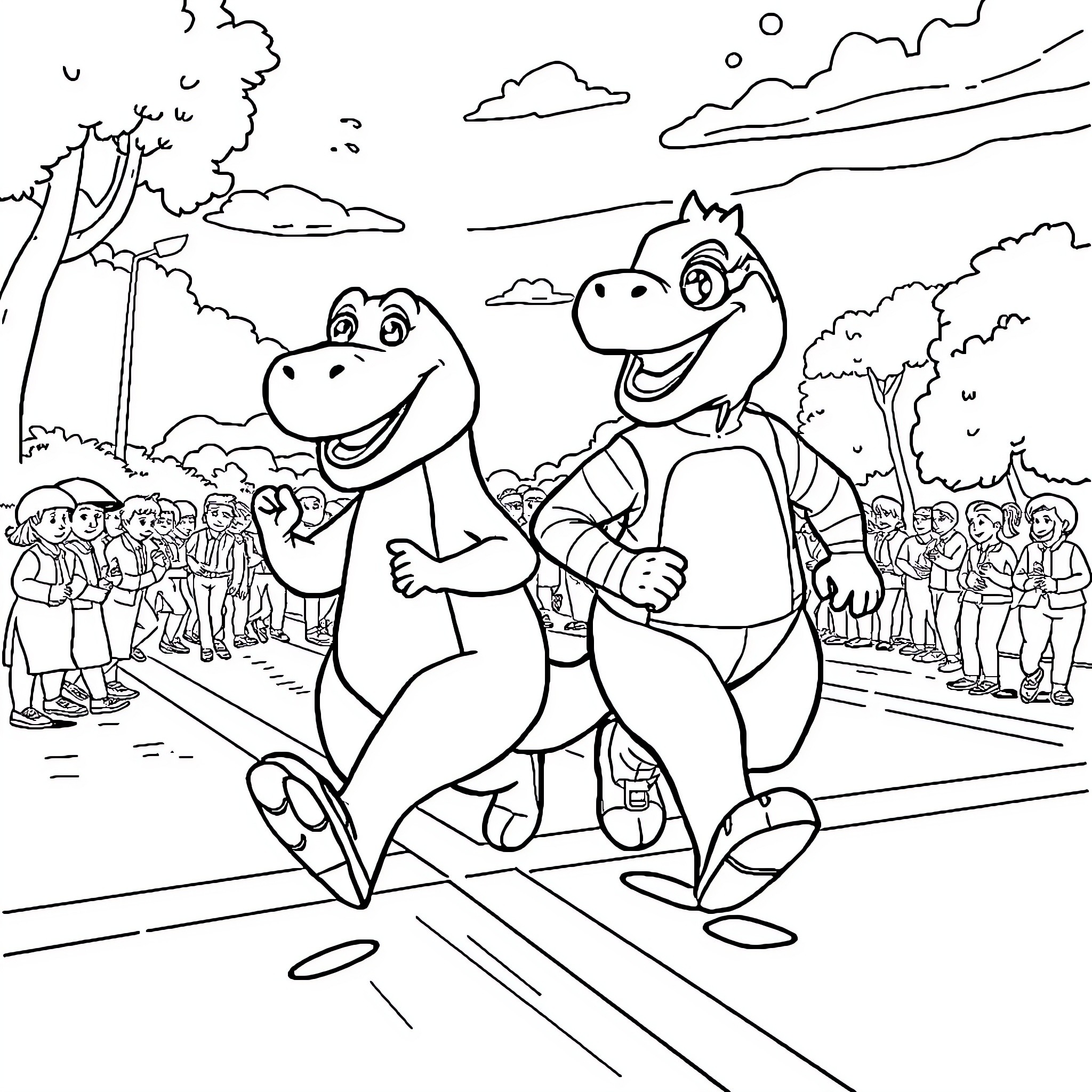 Barney and friends enjoy a lively parade Coloring Page (free black-and-white line drawing printable PDF for all, from beginners to advanced learners, including children, teens, adults, and seniors)