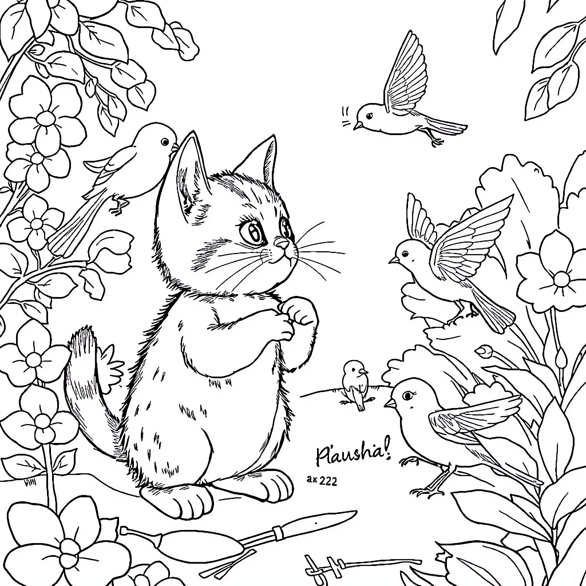 Cat playing with birds in a floral scene Coloring Page (free black-and-white line drawing printable PDF for all, from beginners to advanced learners, including children, teens, adults, and seniors)