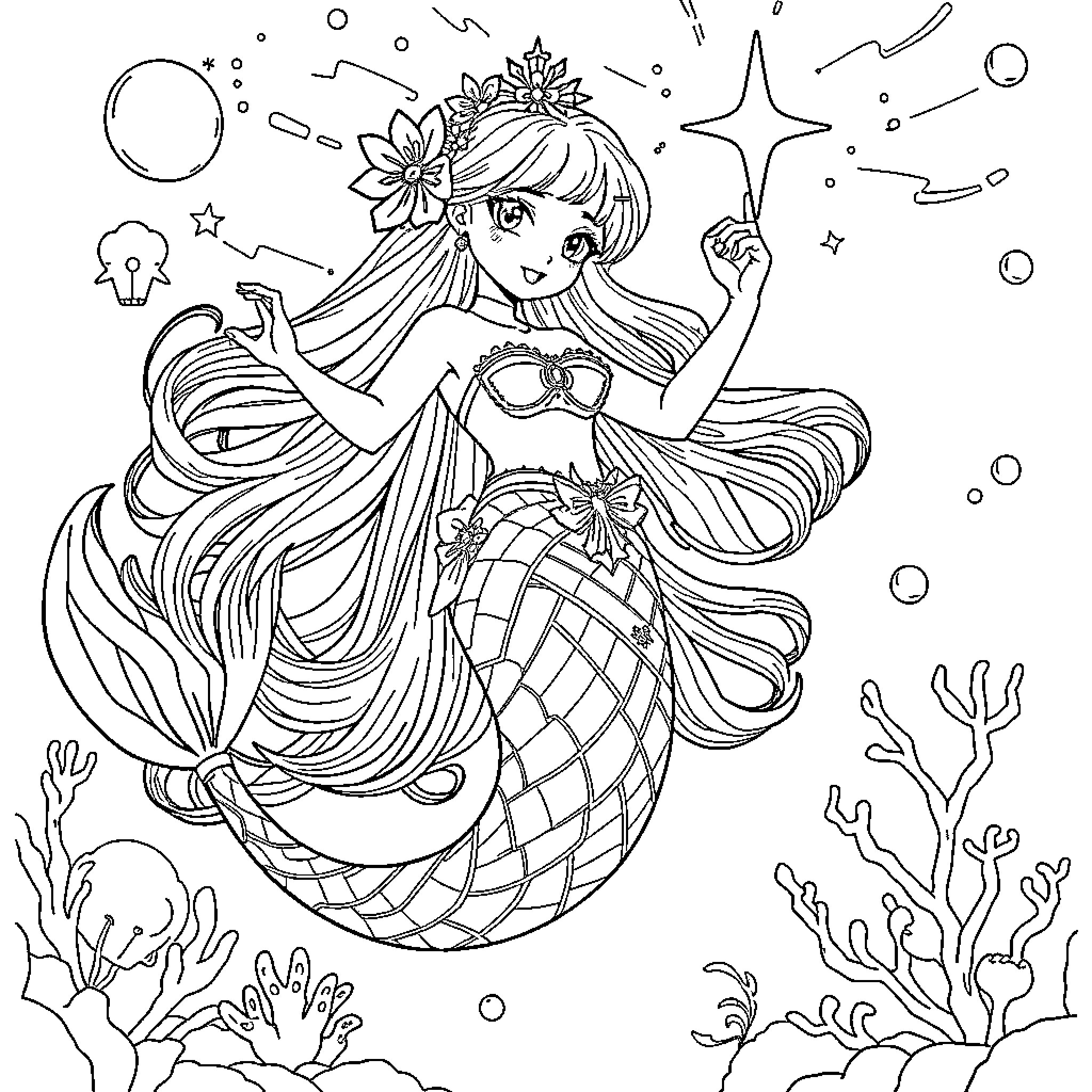 Rumi the Magical Mermaid in Underwater Adventure Coloring Page (free black-and-white line drawing printable PDF for all, from beginners to advanced learners, including children, teens, adults, and seniors)