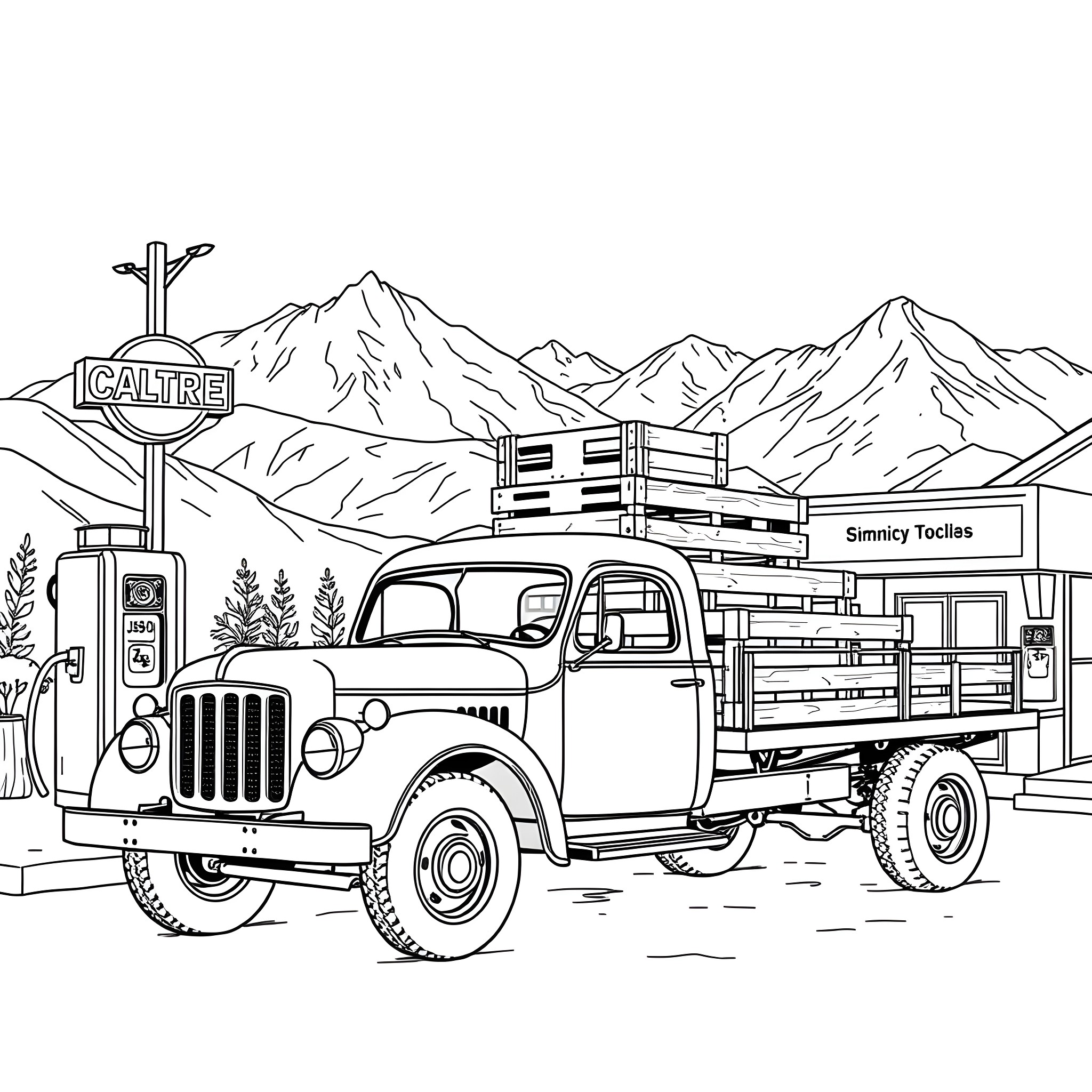 Truck hauling cargo near mountain range Coloring Page (free black-and-white line drawing printable PDF for all, from beginners to advanced learners, including children, teens, adults, and seniors)