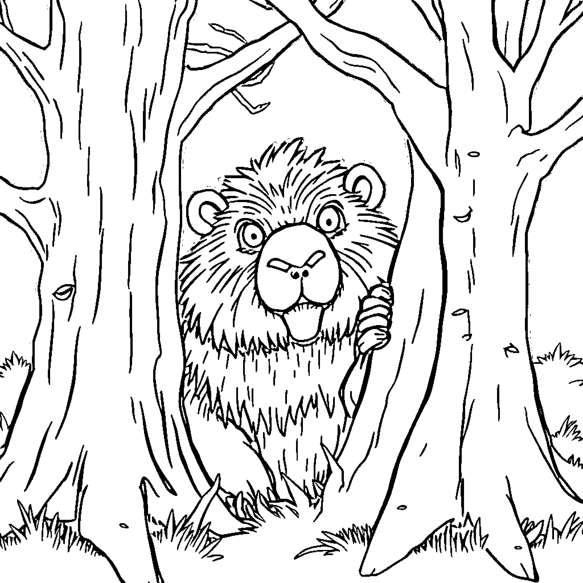 Capybara peering from the forest Coloring Page (free black-and-white line drawing printable PDF for all, from beginners to advanced learners, including children, teens, adults, and seniors)