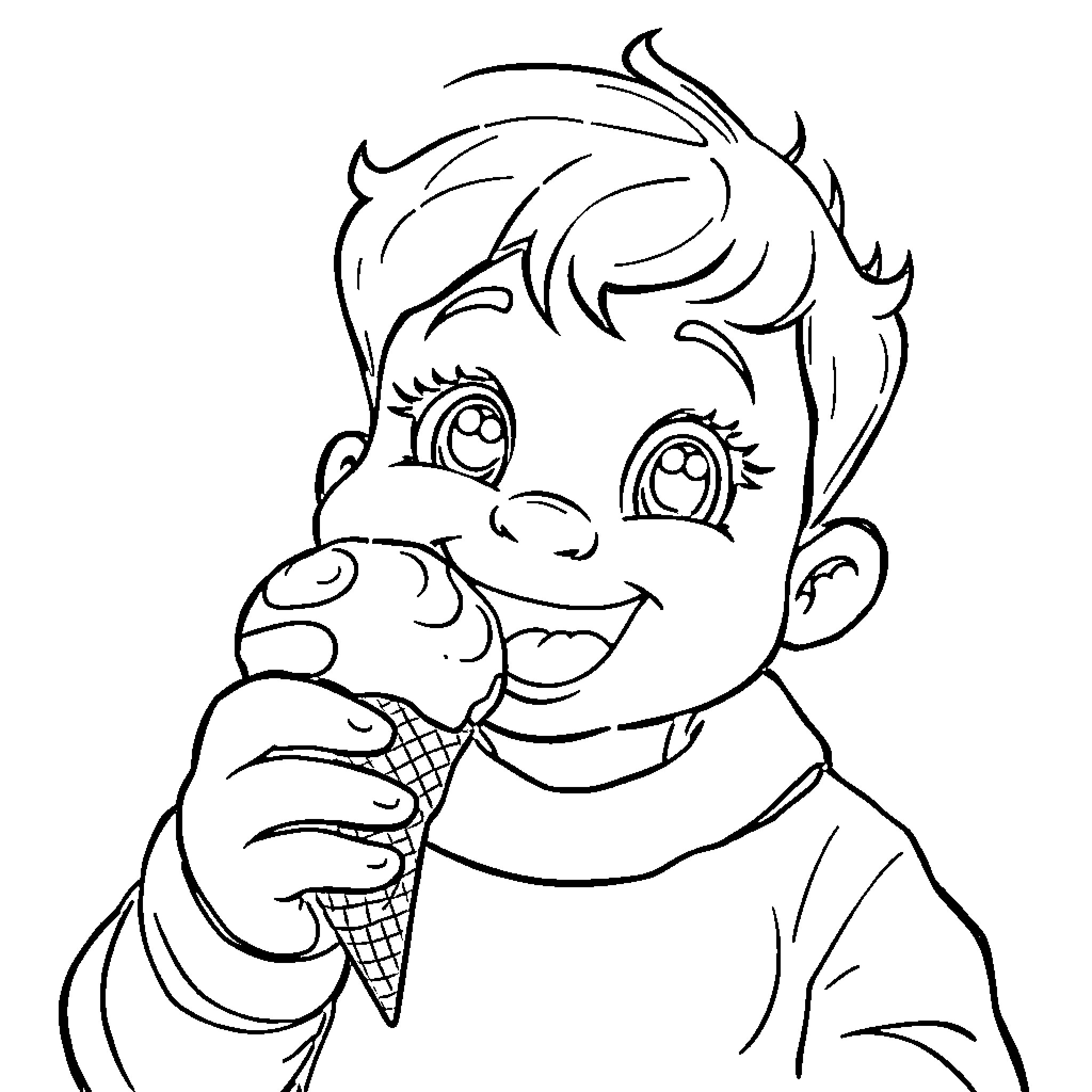 Gaby happily enjoying an ice cream treat Coloring Page (free black-and-white line drawing printable PDF for all, from beginners to advanced learners, including children, teens, adults, and seniors)