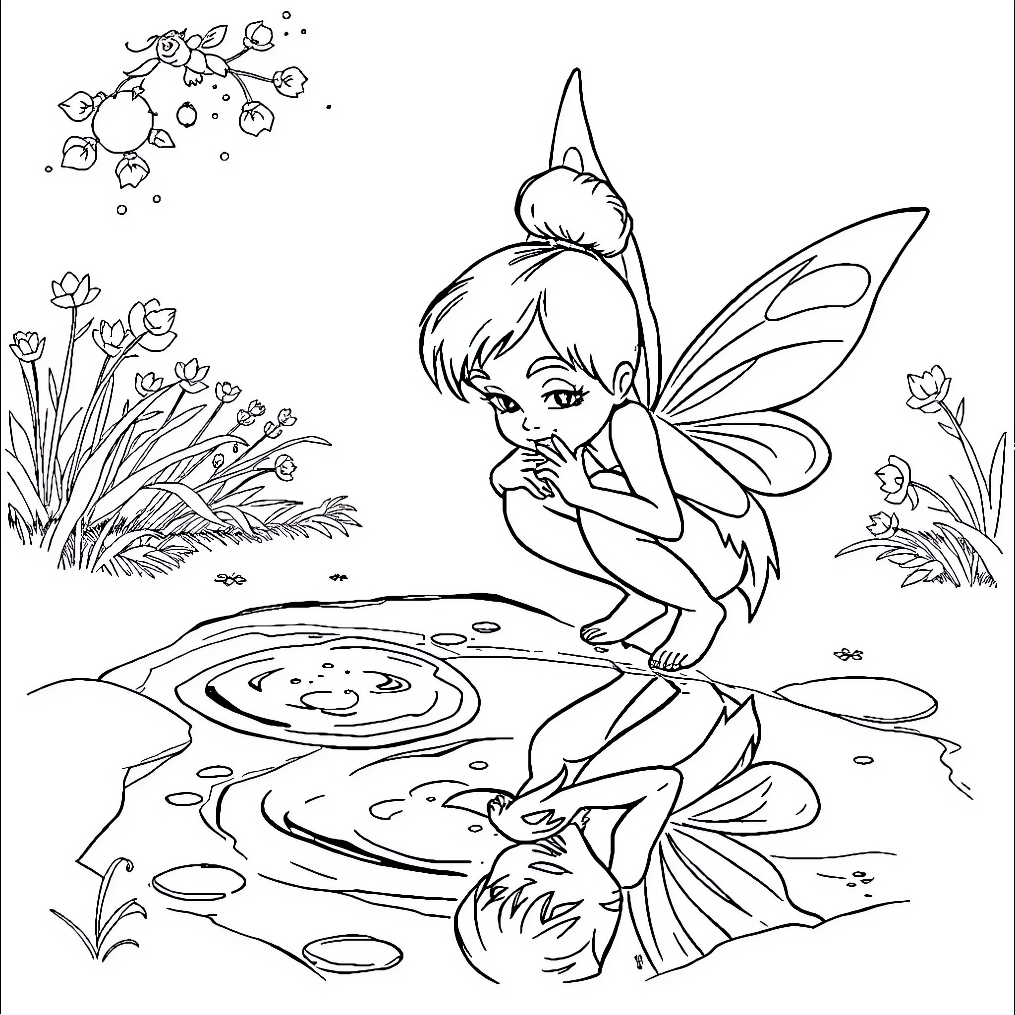 Tinkerbell exploring the enchanted pond Coloring Page (free black-and-white line drawing printable PDF for all, from beginners to advanced learners, including children, teens, adults, and seniors)