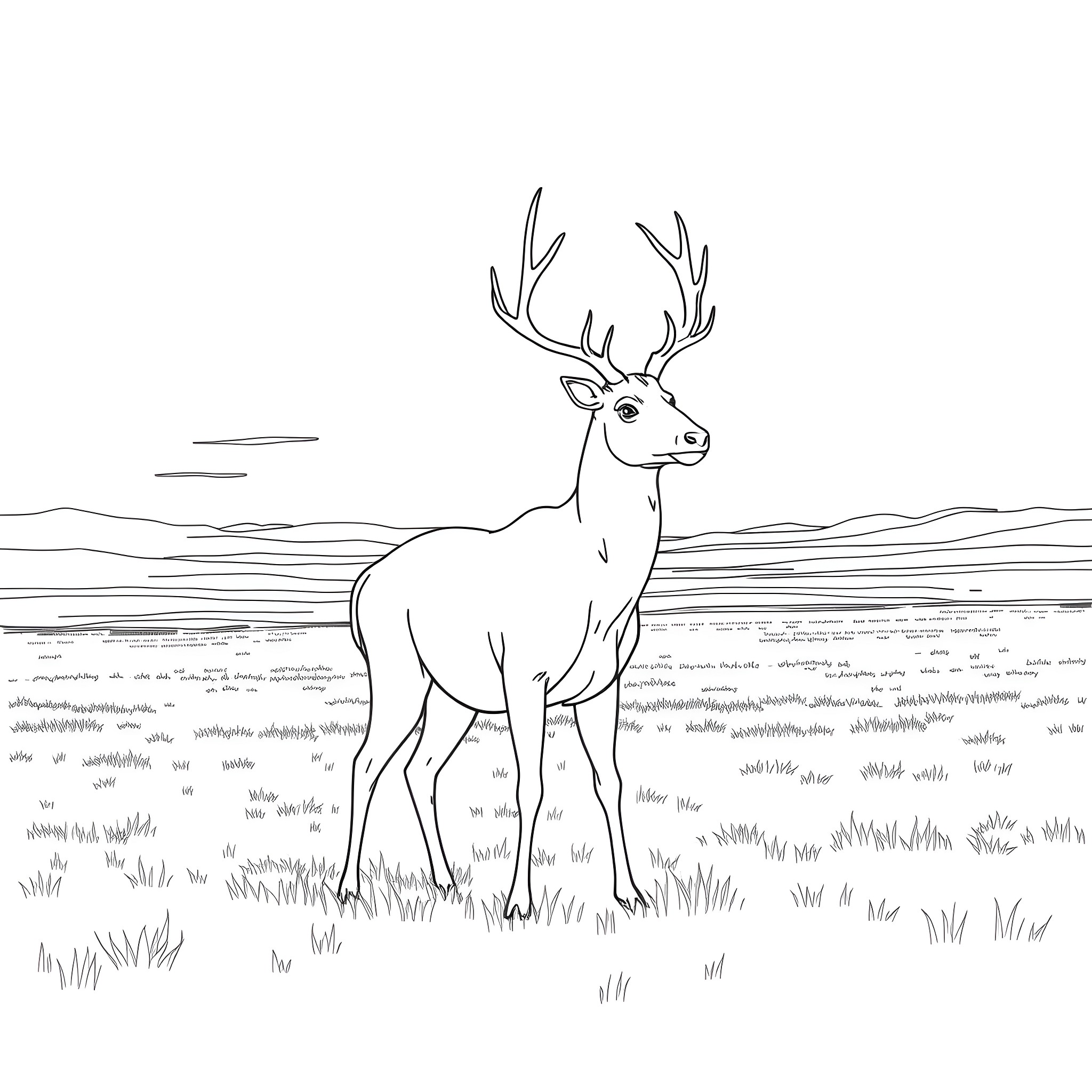 Deer standing in the wilderness Coloring Page (free black-and-white line drawing printable PDF for all, from beginners to advanced learners, including children, teens, adults, and seniors)
