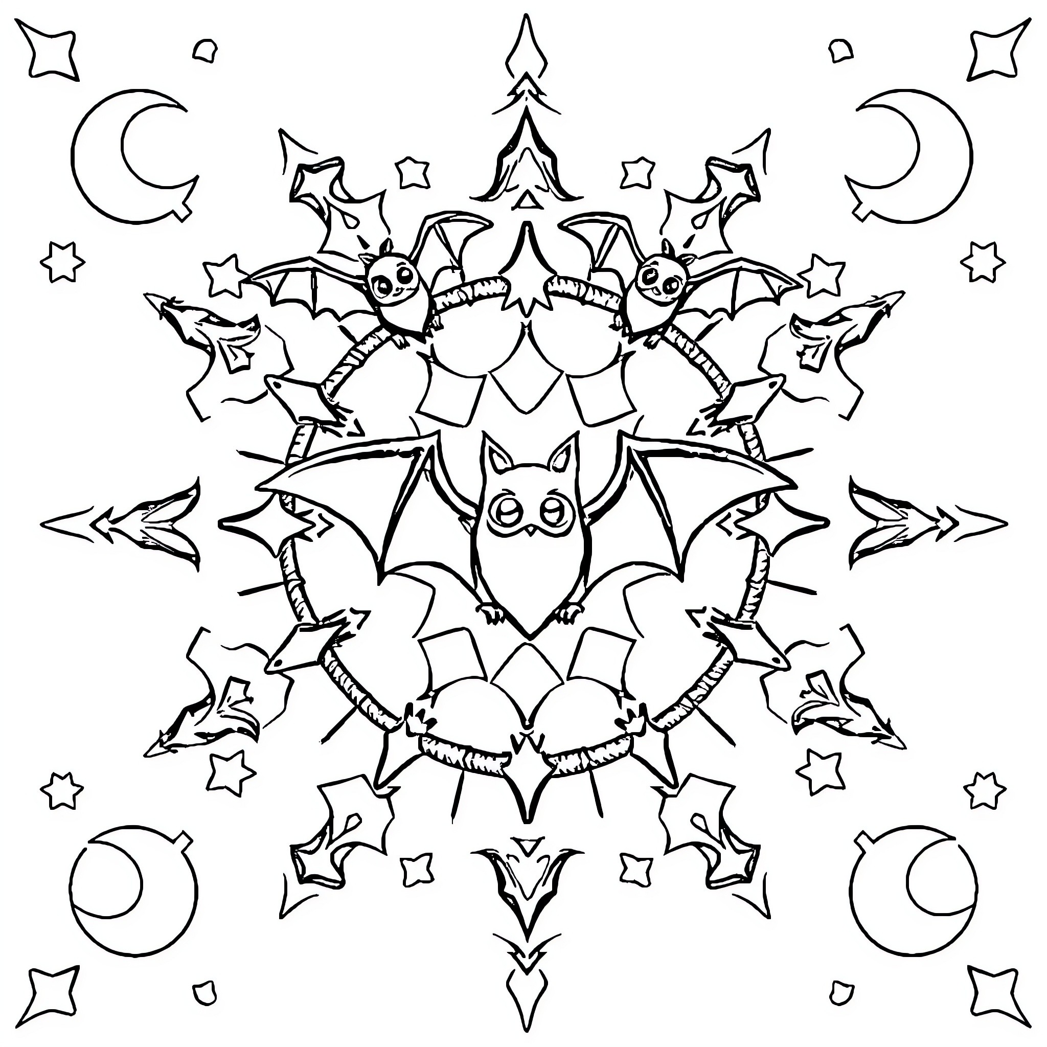 Bats Forming a Mystical Snowflake Pattern Coloring Page (free black-and-white line drawing printable PDF for all, from beginners to advanced learners, including children, teens, adults, and seniors)