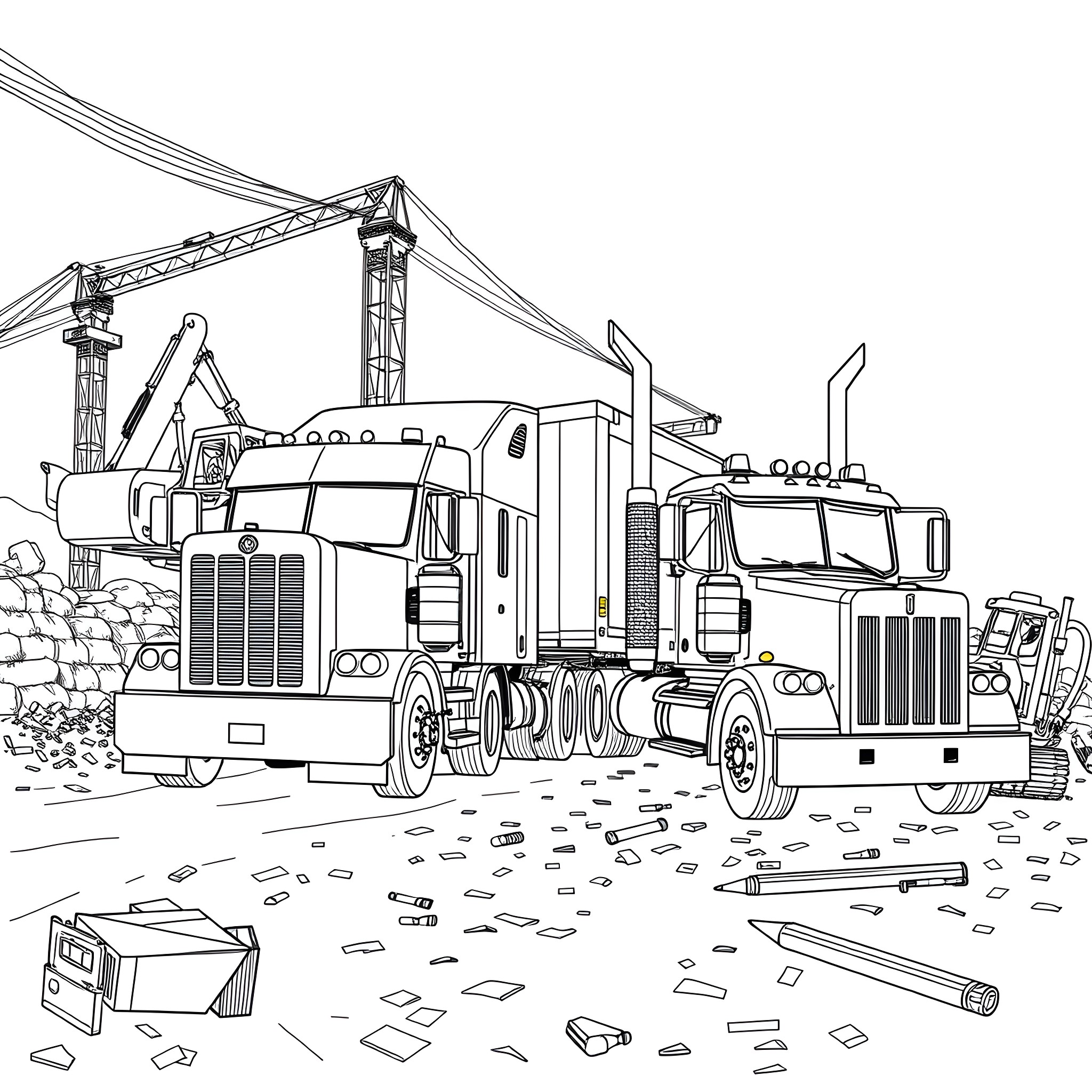 Truck Construction Site with Cranes and Heavy Equipment Coloring Page (free black-and-white line drawing printable PDF for all, from beginners to advanced learners, including children, teens, adults, and seniors)