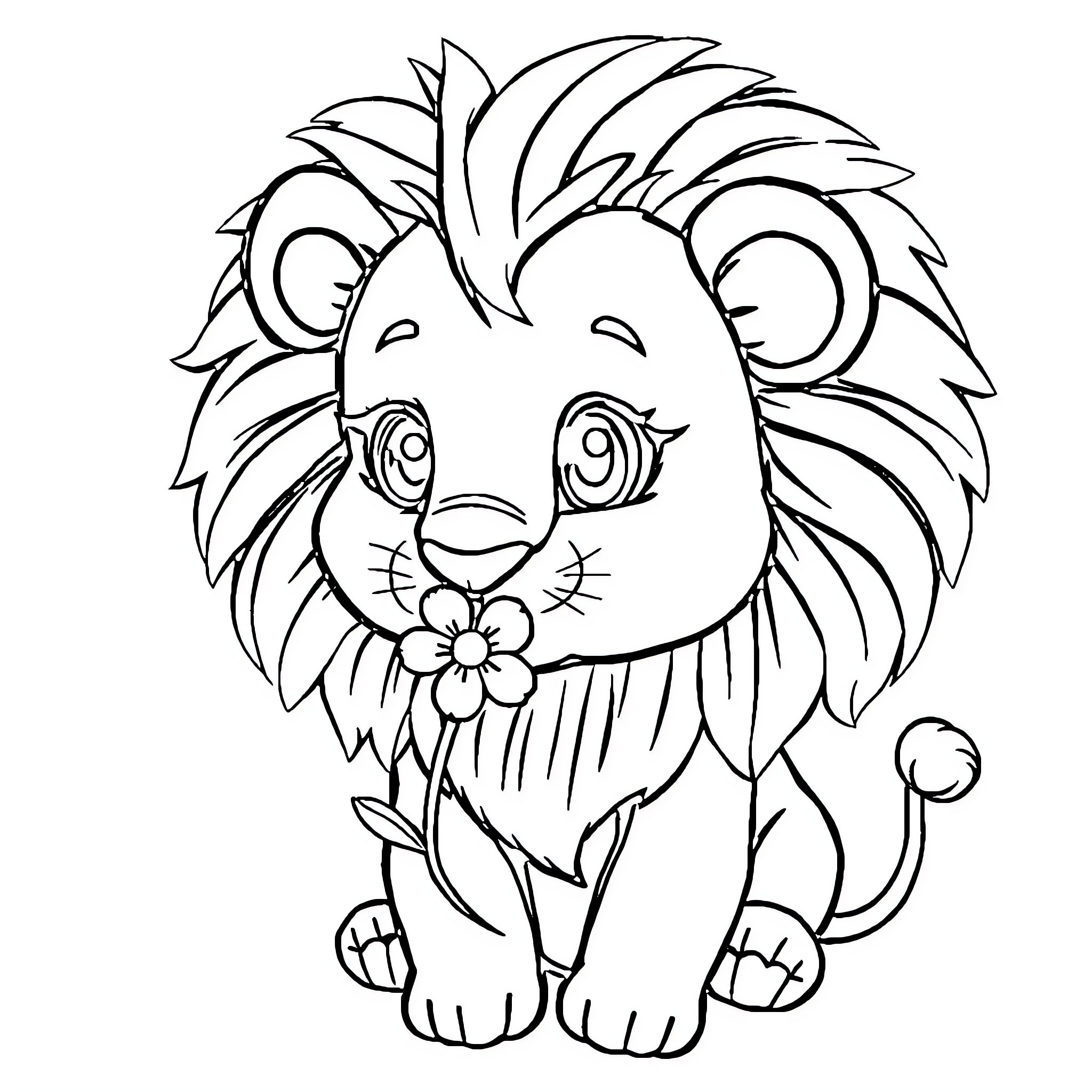 Baby Lion Playfully Holding Flower Coloring Page (free black-and-white line drawing printable PDF for all, from beginners to advanced learners, including children, teens, adults, and seniors)