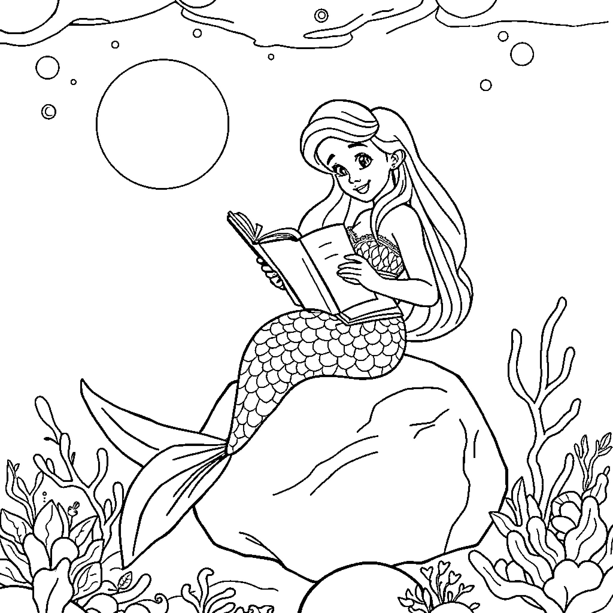 Mermaid reading a book underwater Coloring Page (free black-and-white line drawing printable PDF for all, from beginners to advanced learners, including children, teens, adults, and seniors)