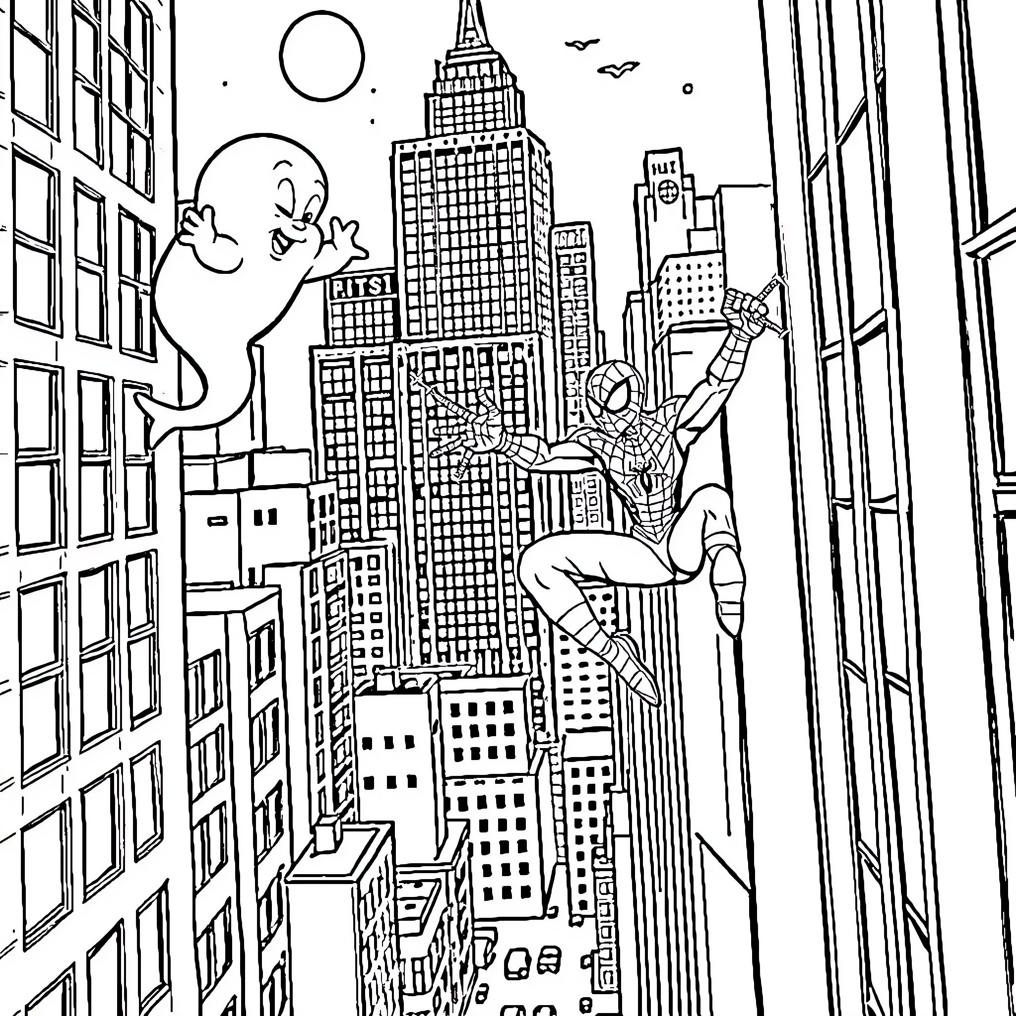 Casper the Friendly Ghost Meets Spider-Man in the City Coloring Page (free black-and-white line drawing printable PDF for all, from beginners to advanced learners, including children, teens, adults, and seniors)