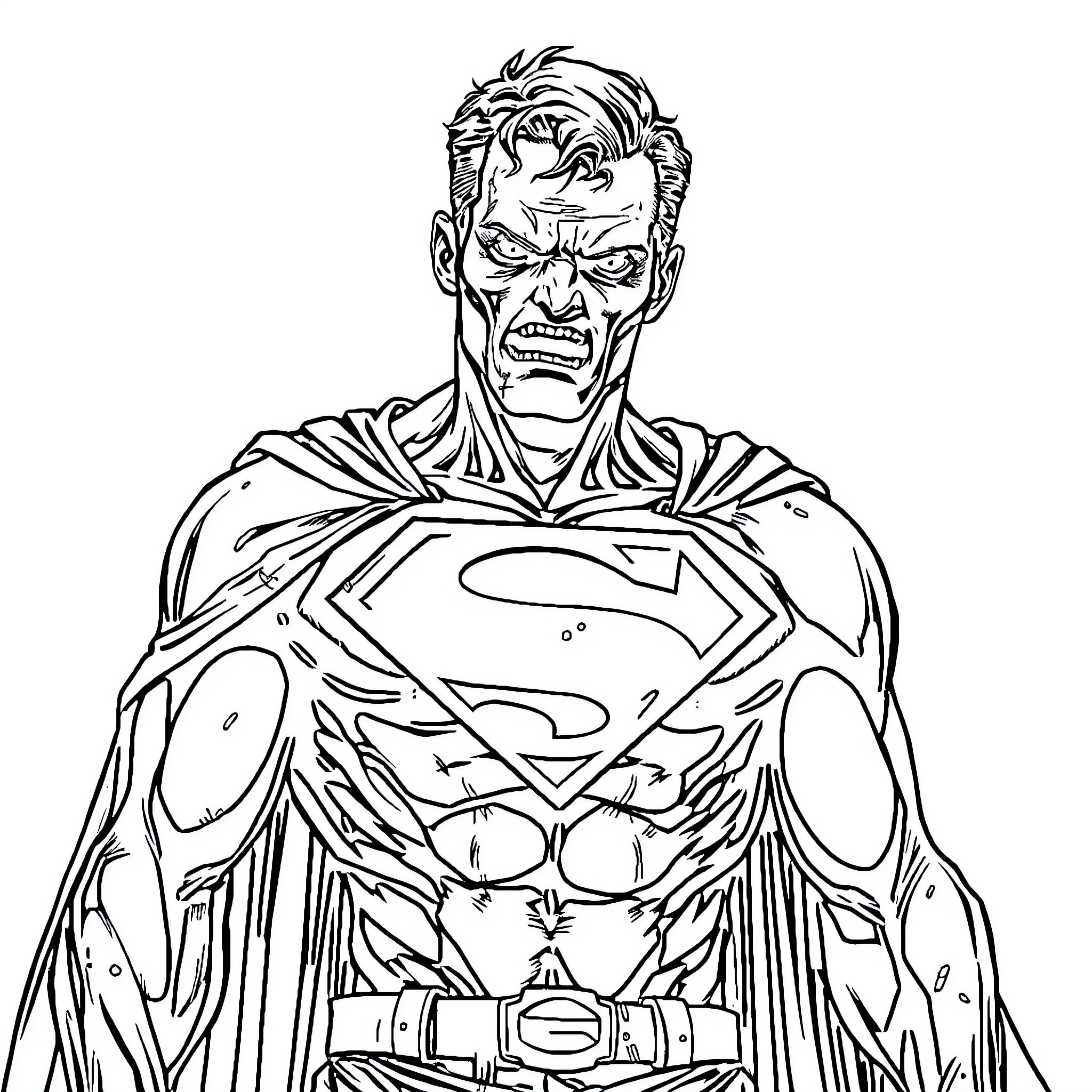 Superman in a fierce expression Coloring Page (free black-and-white line drawing printable PDF for all, from beginners to advanced learners, including children, teens, adults, and seniors)