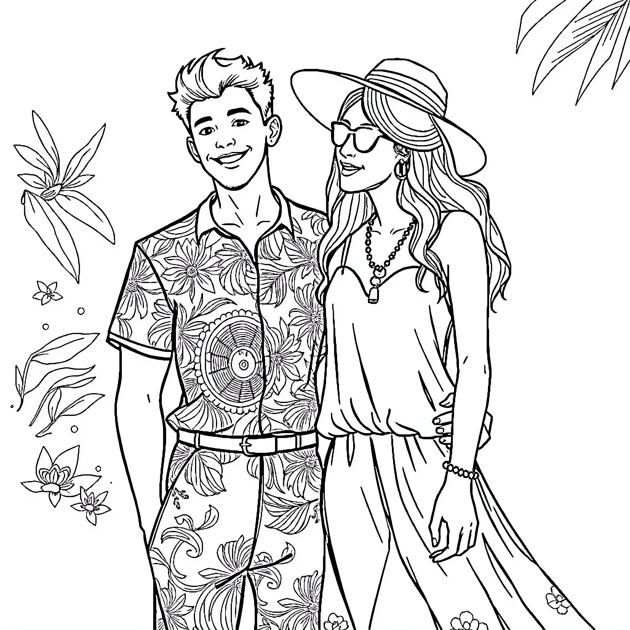 Guy and Girl in Tropical Vacation Outfits Coloring Page (free black-and-white line drawing printable PDF for all, from beginners to advanced learners, including children, teens, adults, and seniors)