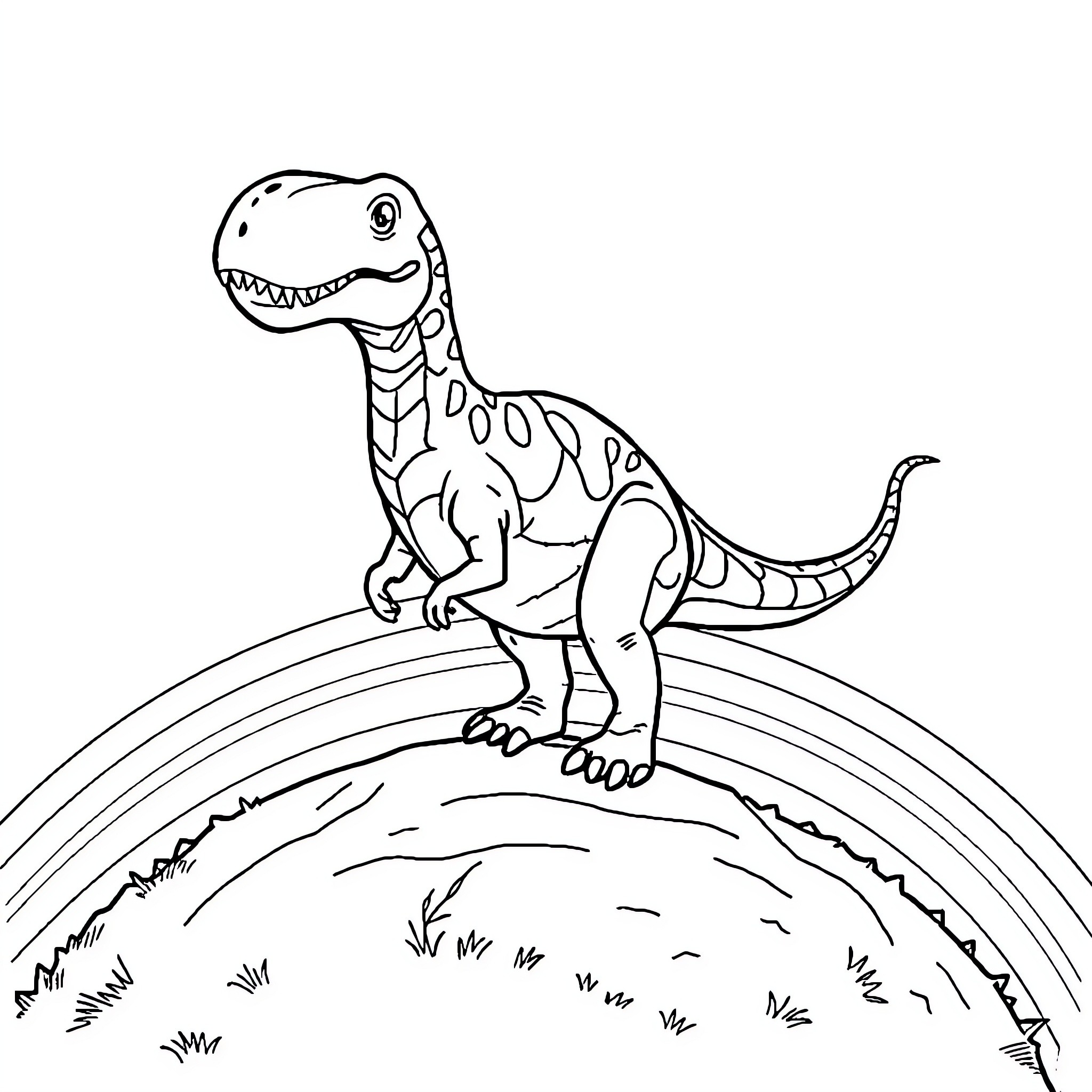Dinosaur roaring on a grassy hill Coloring Page (free black-and-white line drawing printable PDF for all, from beginners to advanced learners, including children, teens, adults, and seniors)