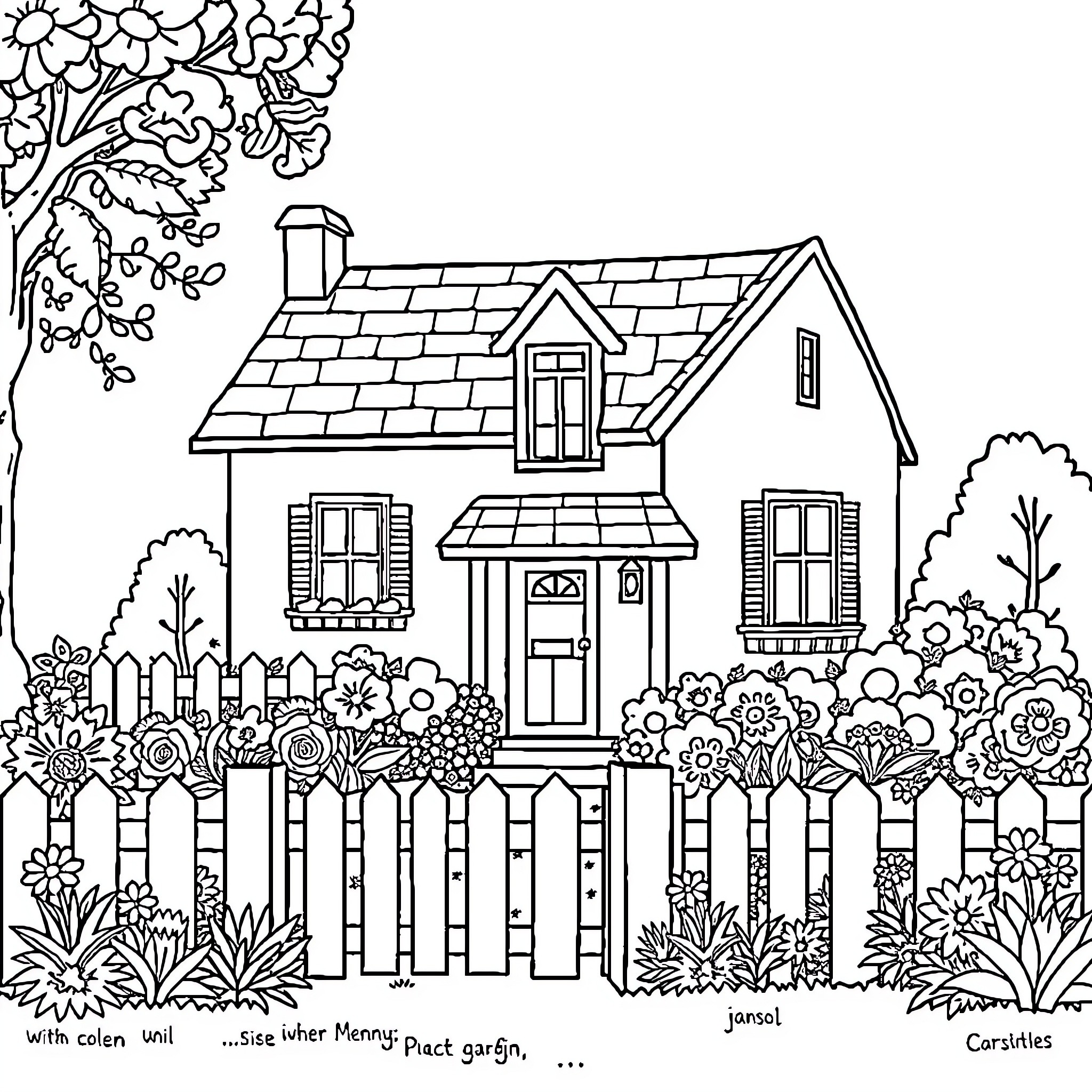 House with flower garden and picket fence Coloring Page (free black-and-white line drawing printable PDF for all, from beginners to advanced learners, including children, teens, adults, and seniors)
