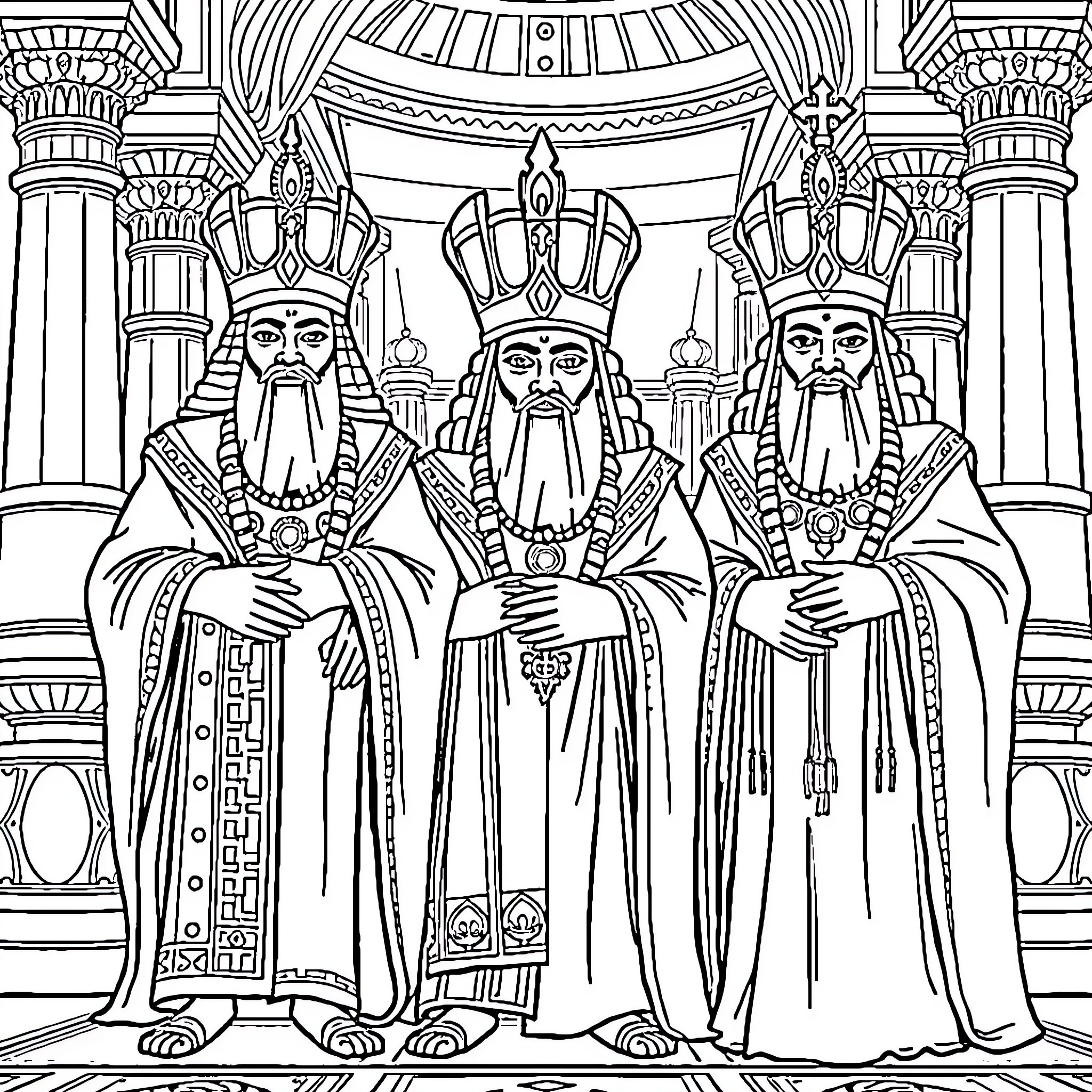King Rulers in Ceremonial Attire Sitting on Thrones Coloring Page (free black-and-white line drawing printable PDF for all, from beginners to advanced learners, including children, teens, adults, and seniors)