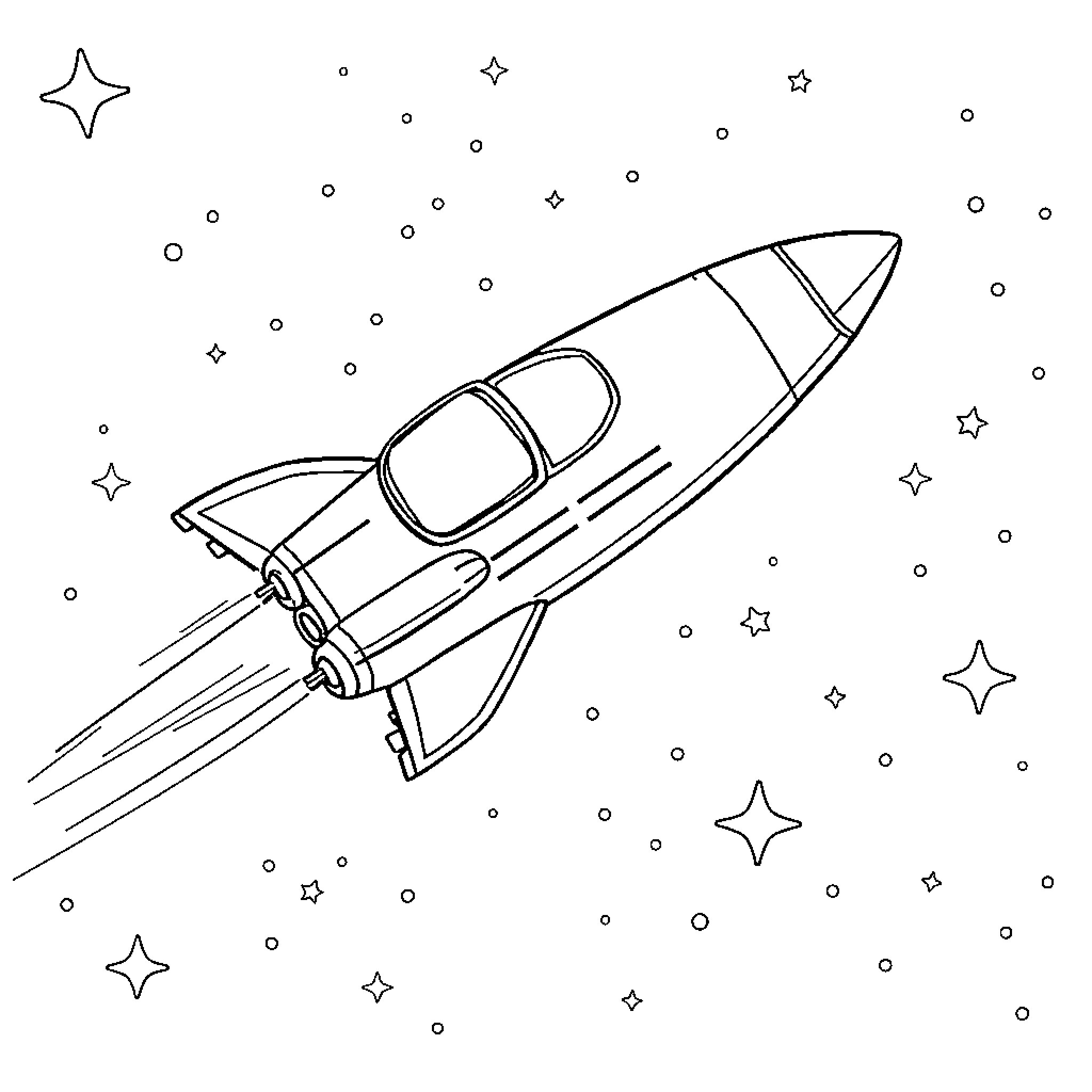 Sp' Rocket soaring through cosmic canvas Coloring Page (free black-and-white line drawing printable PDF for all, from beginners to advanced learners, including children, teens, adults, and seniors)