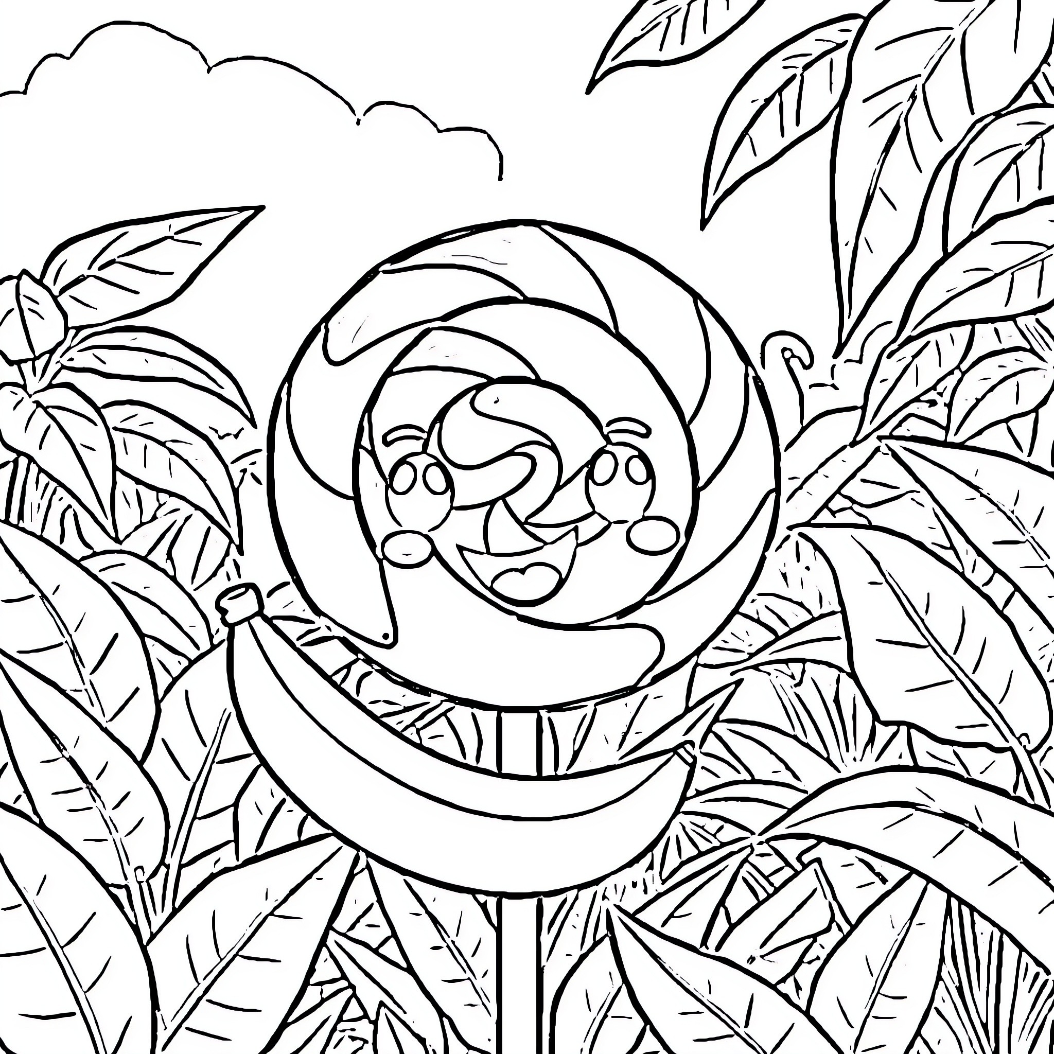 Lollipop in a Tropical Landscape Coloring Page (free black-and-white line drawing printable PDF for all, from beginners to advanced learners, including children, teens, adults, and seniors)