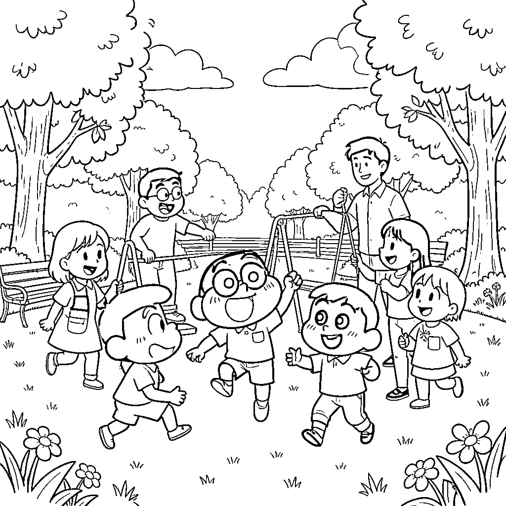 Shinchan and friends playing happily in the park Coloring Page (free black-and-white line drawing printable PDF for all, from beginners to advanced learners, including children, teens, adults, and seniors)