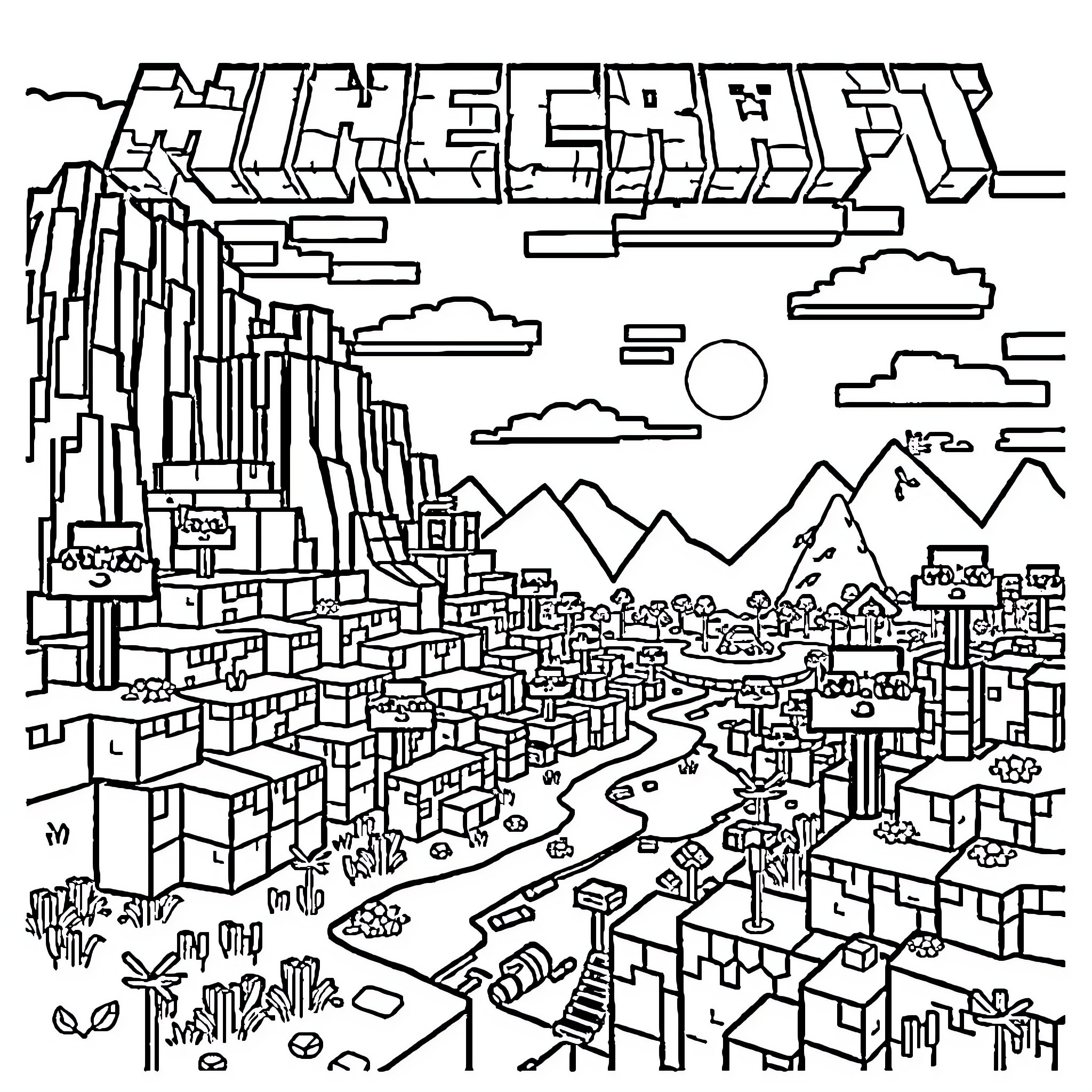 Minecraft cityscape with clouds and mountains Coloring Page (free black-and-white line drawing printable PDF for all, from beginners to advanced learners, including children, teens, adults, and seniors)