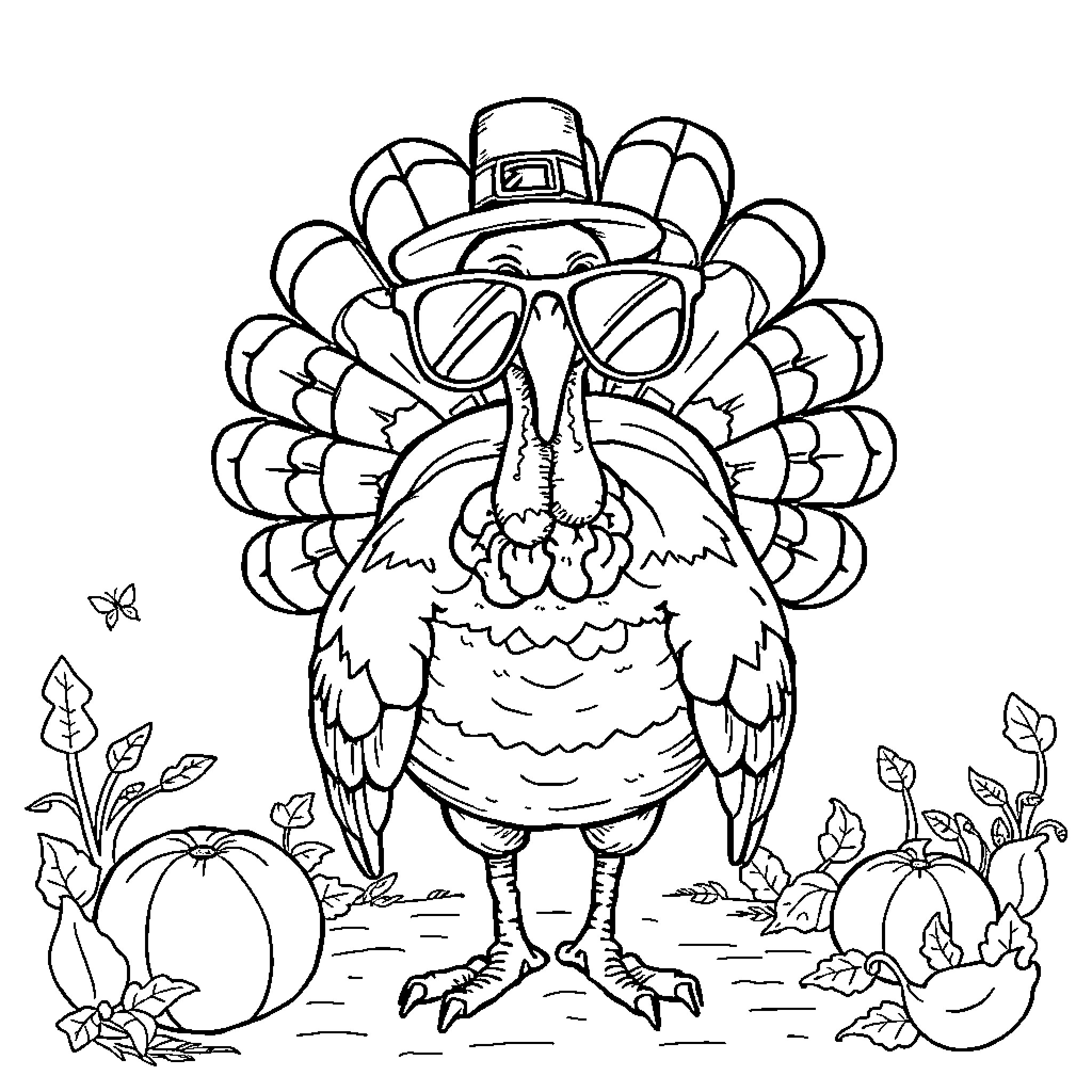 Turkey wearing sunglasses and hat posing playfully Coloring Page (free black-and-white line drawing printable PDF for all, from beginners to advanced learners, including children, teens, adults, and seniors)