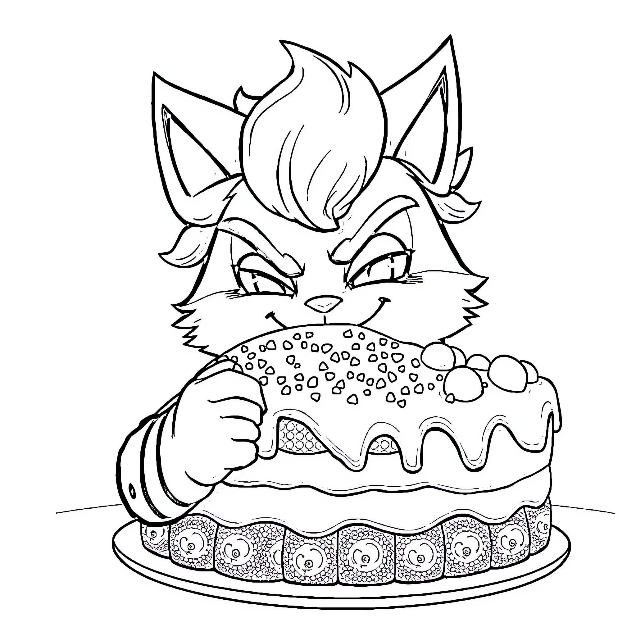 Kuromi enjoying a delicious cake Coloring Page (free black-and-white line drawing printable PDF for all, from beginners to advanced learners, including children, teens, adults, and seniors)