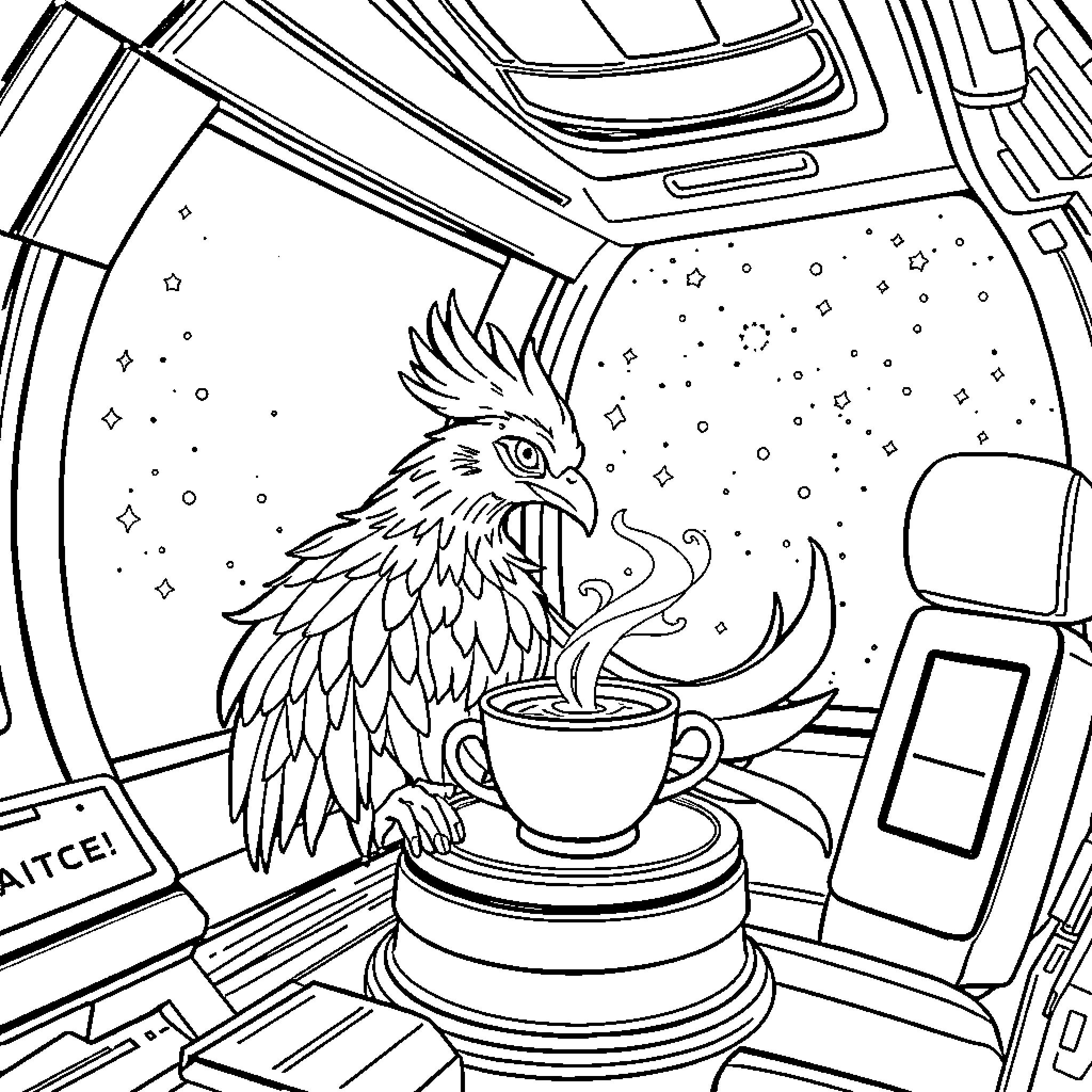 Phoenix bird enjoying a warm beverage in the starry cabin Coloring Page (free black-and-white line drawing printable PDF for all, from beginners to advanced learners, including children, teens, adults, and seniors)