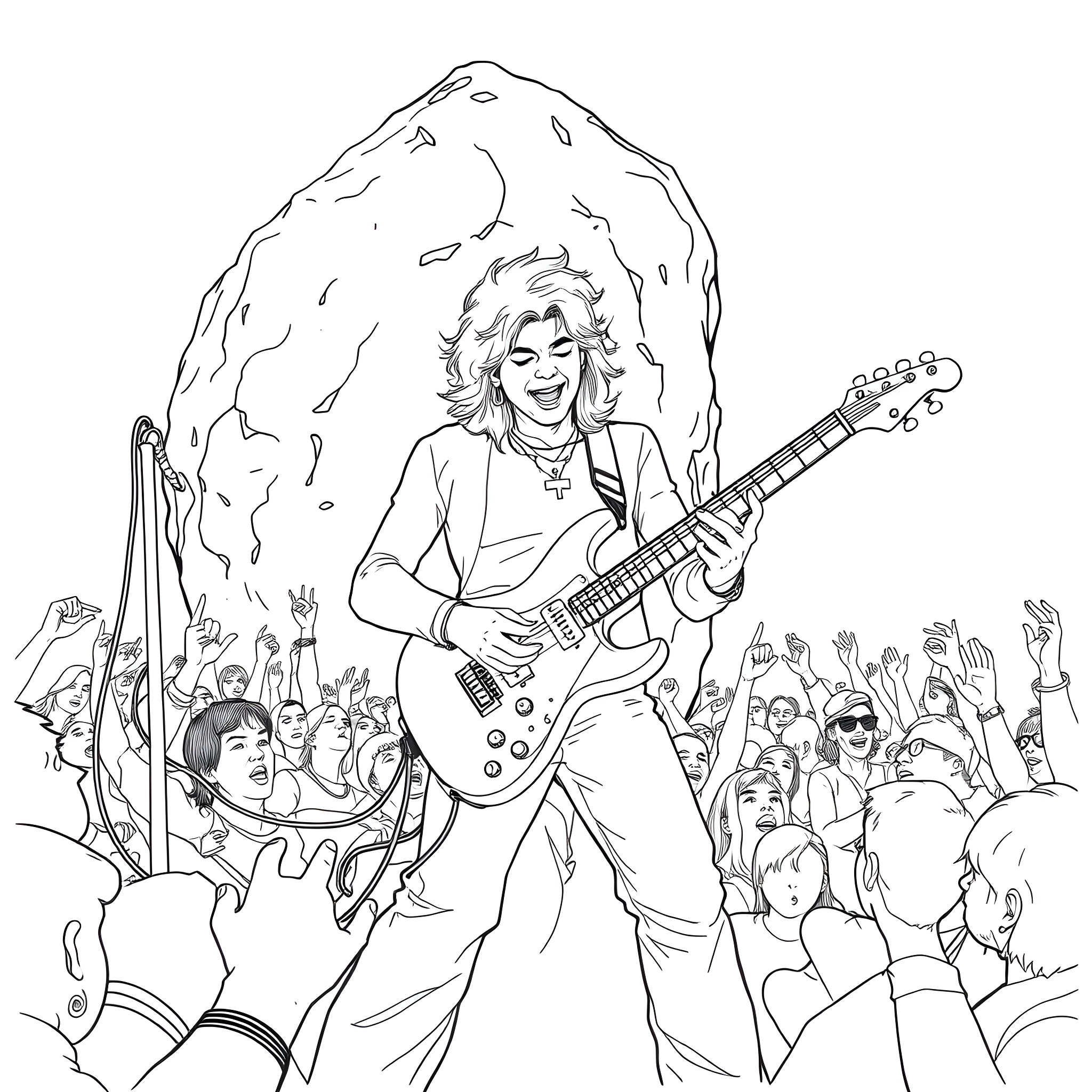 Johnny Silverhand performing on stage with adoring crowd Coloring Page (free black-and-white line drawing printable PDF for all, from beginners to advanced learners, including children, teens, adults, and seniors)
