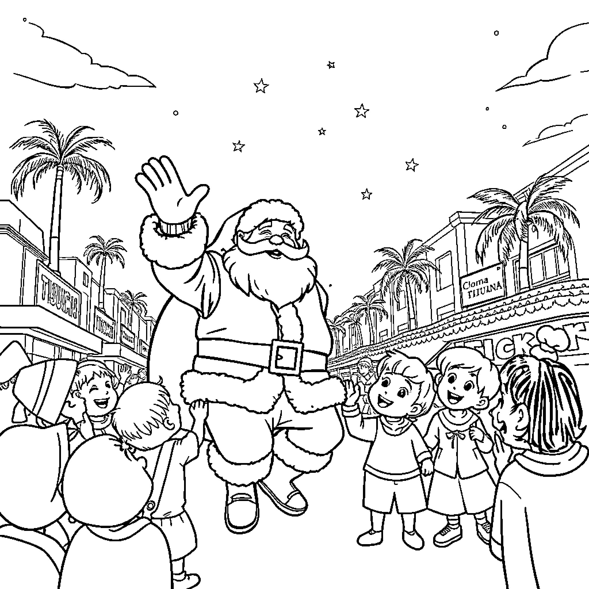 Santa Claus waves to cheering children in festive street scene Coloring Page (free black-and-white line drawing printable PDF for all, from beginners to advanced learners, including children, teens, adults, and seniors)
