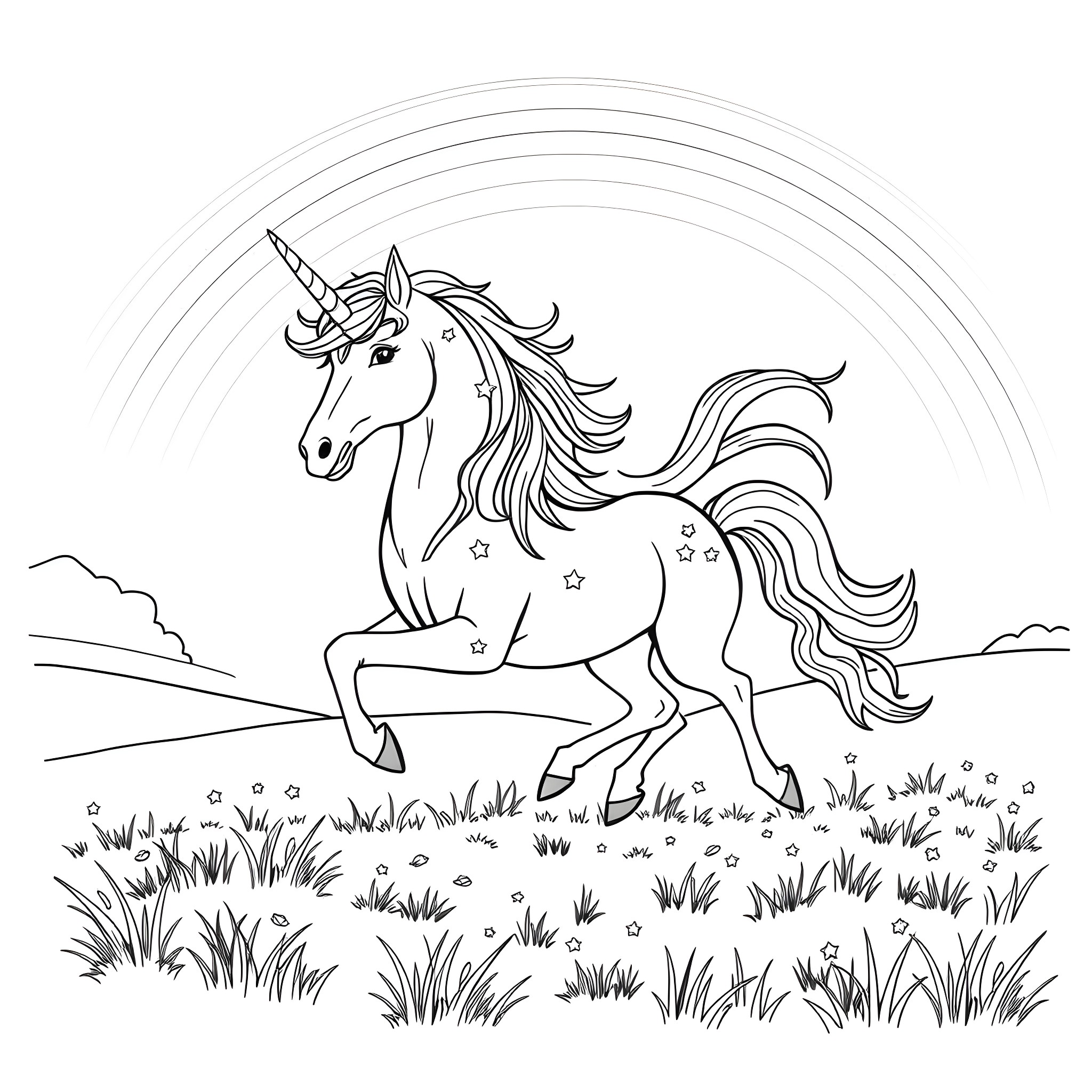Unicorn galloping through a magical meadow Coloring Page (free black-and-white line drawing printable PDF for all, from beginners to advanced learners, including children, teens, adults, and seniors)