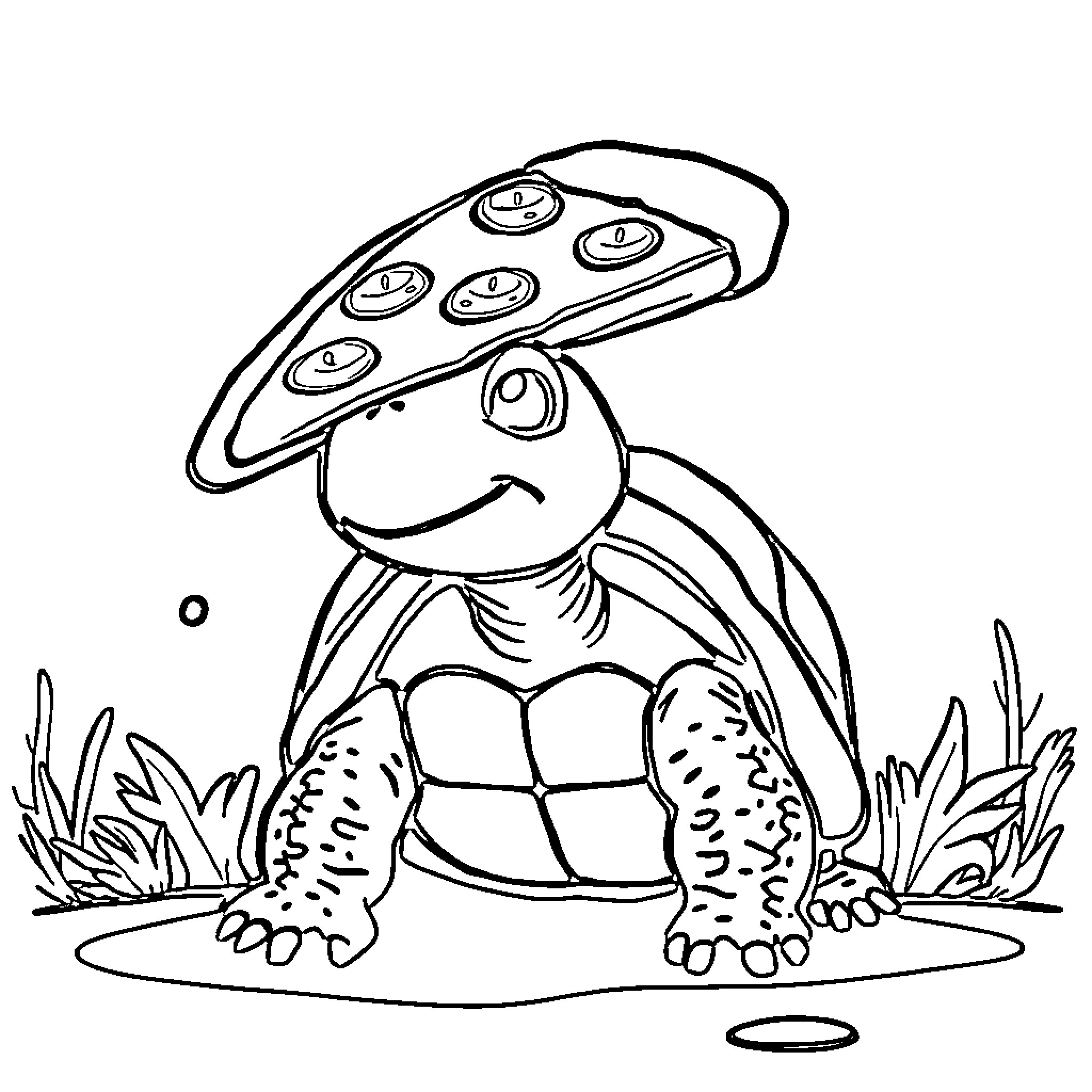 Turtle wearing a mushroom hat in the meadow Coloring Page (free black-and-white line drawing printable PDF for all, from beginners to advanced learners, including children, teens, adults, and seniors)