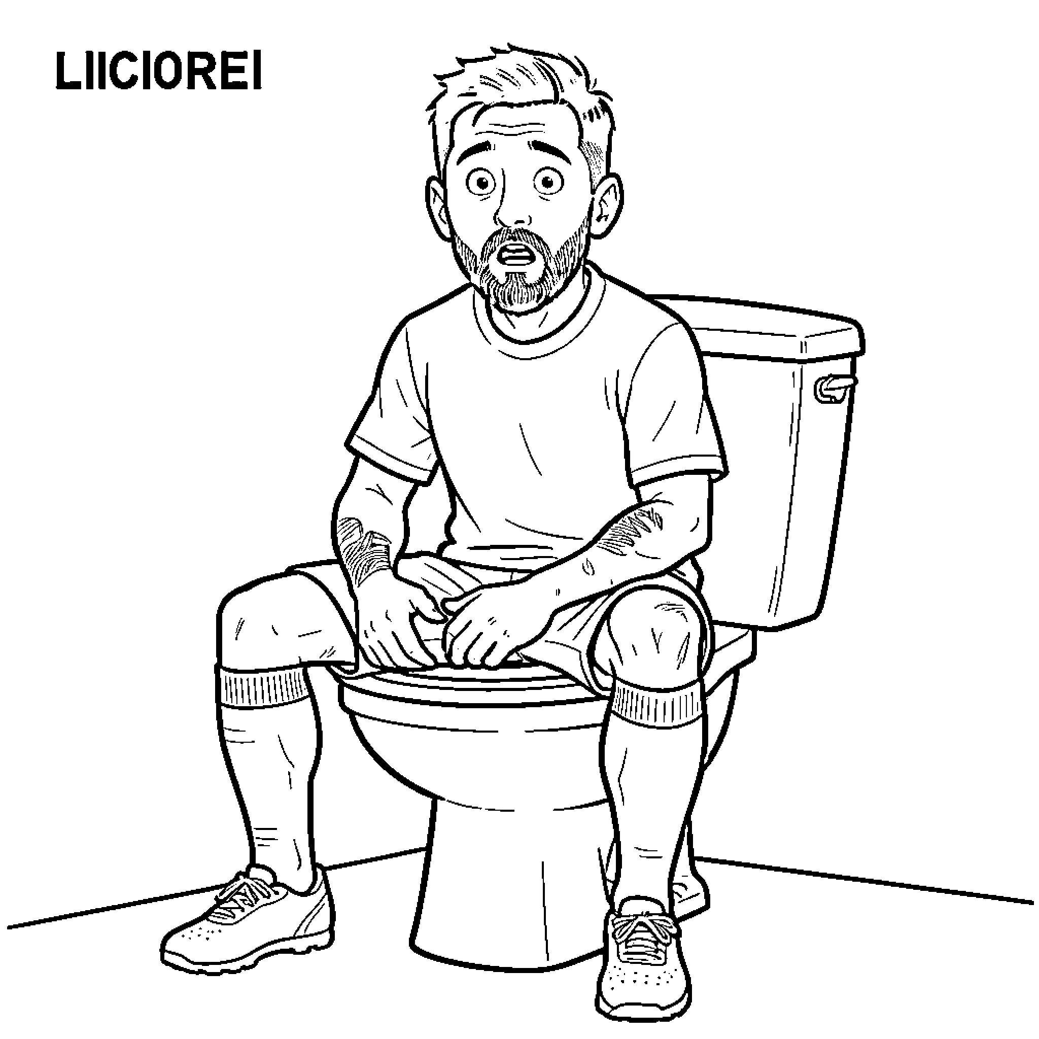 Lionel Messi sitting on a toilet with a surprised expression Coloring Page (free black-and-white line drawing printable PDF for all, from beginners to advanced learners, including children, teens, adults, and seniors)