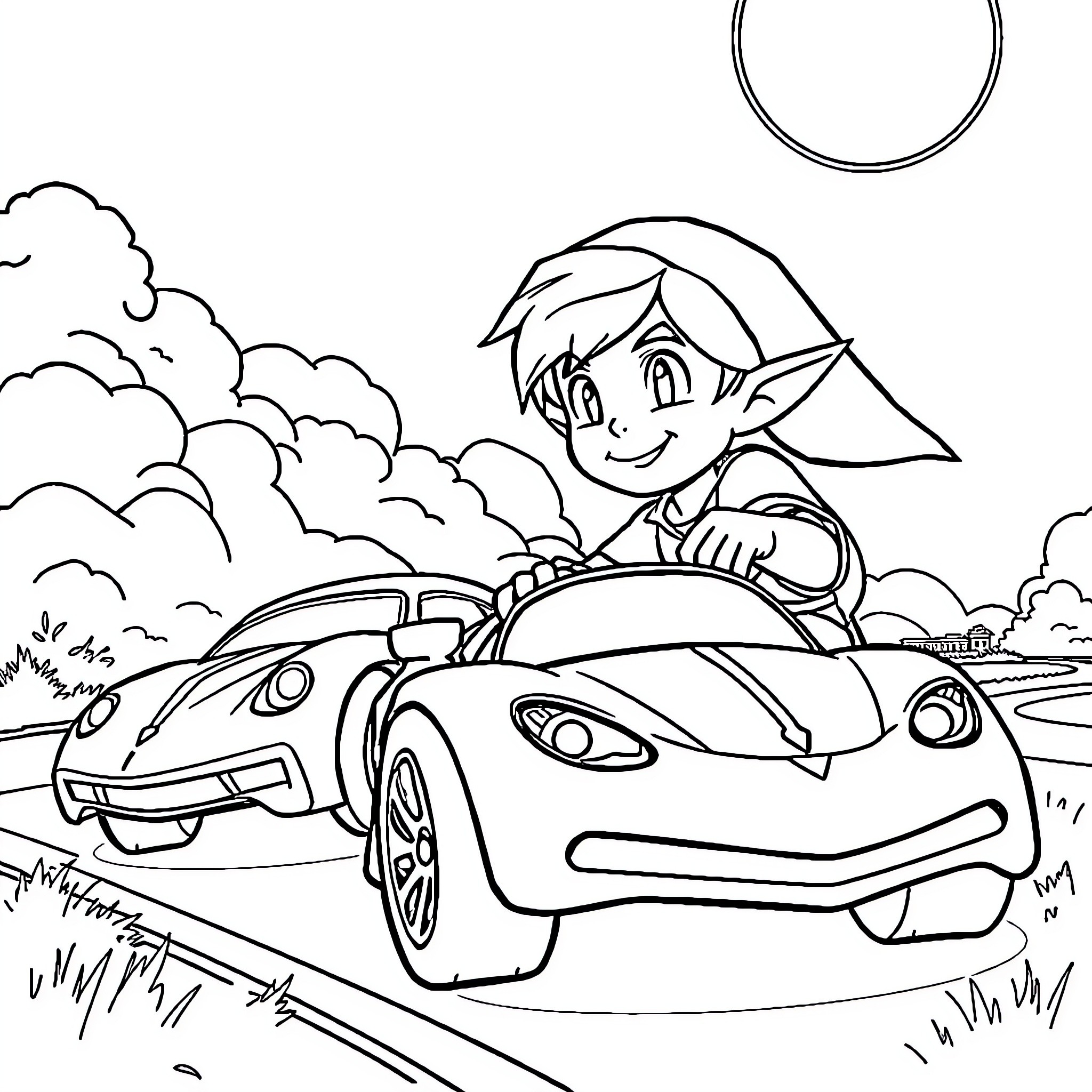 Link driving a sports car through the countryside Coloring Page (free black-and-white line drawing printable PDF for all, from beginners to advanced learners, including children, teens, adults, and seniors)