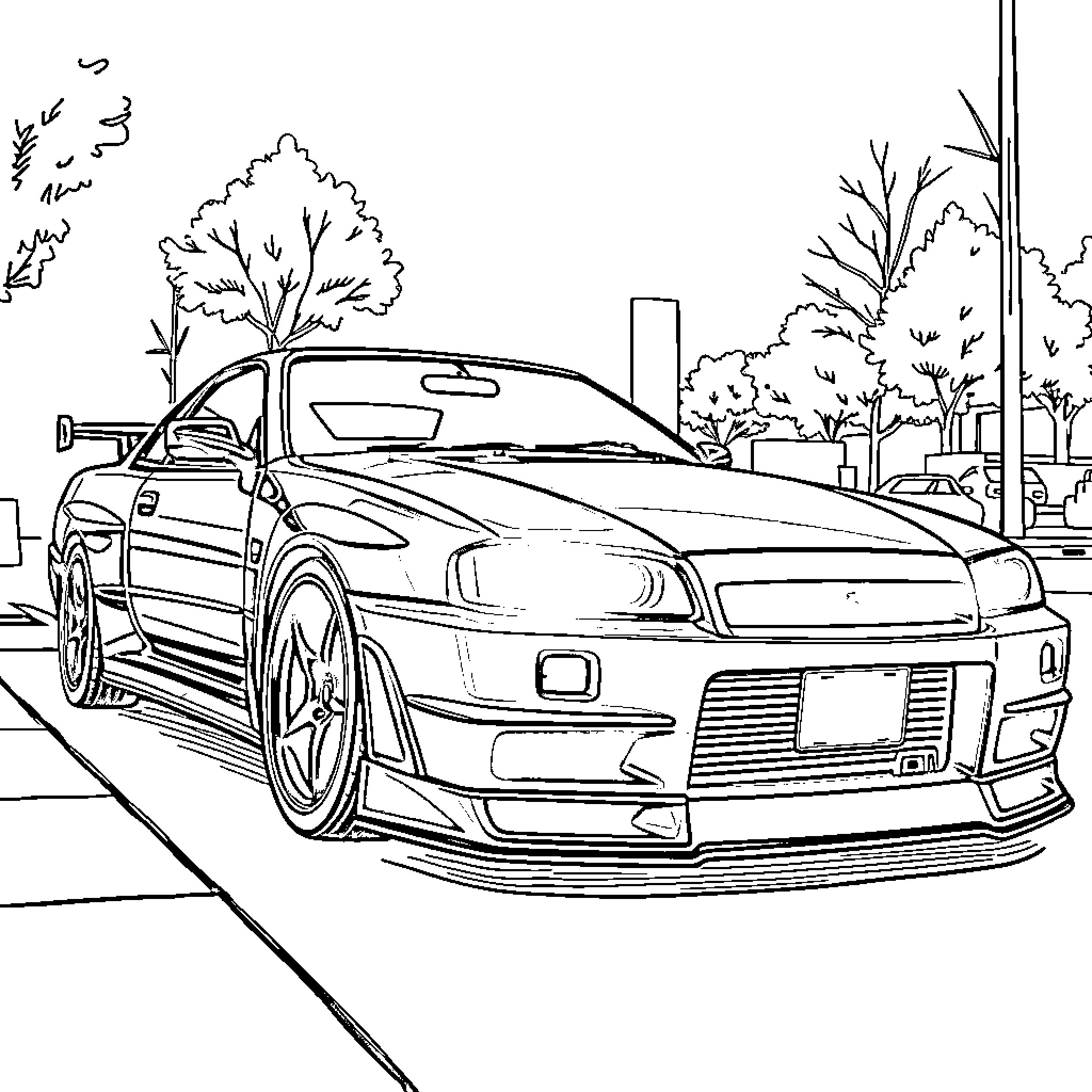 Gtr sports car speeding down urban street Coloring Page (free black-and-white line drawing printable PDF for all, from beginners to advanced learners, including children, teens, adults, and seniors)
