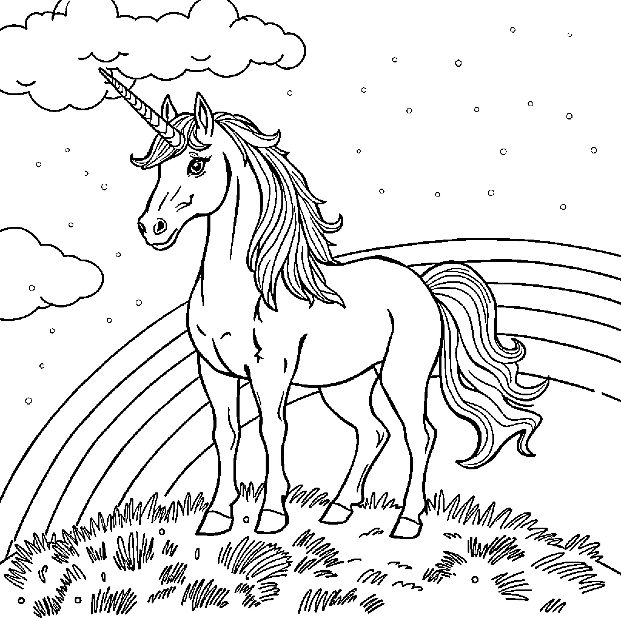 Unicorn standing in a field with a rainbow Coloring Page (free black-and-white line drawing printable PDF for all, from beginners to advanced learners, including children, teens, adults, and seniors)