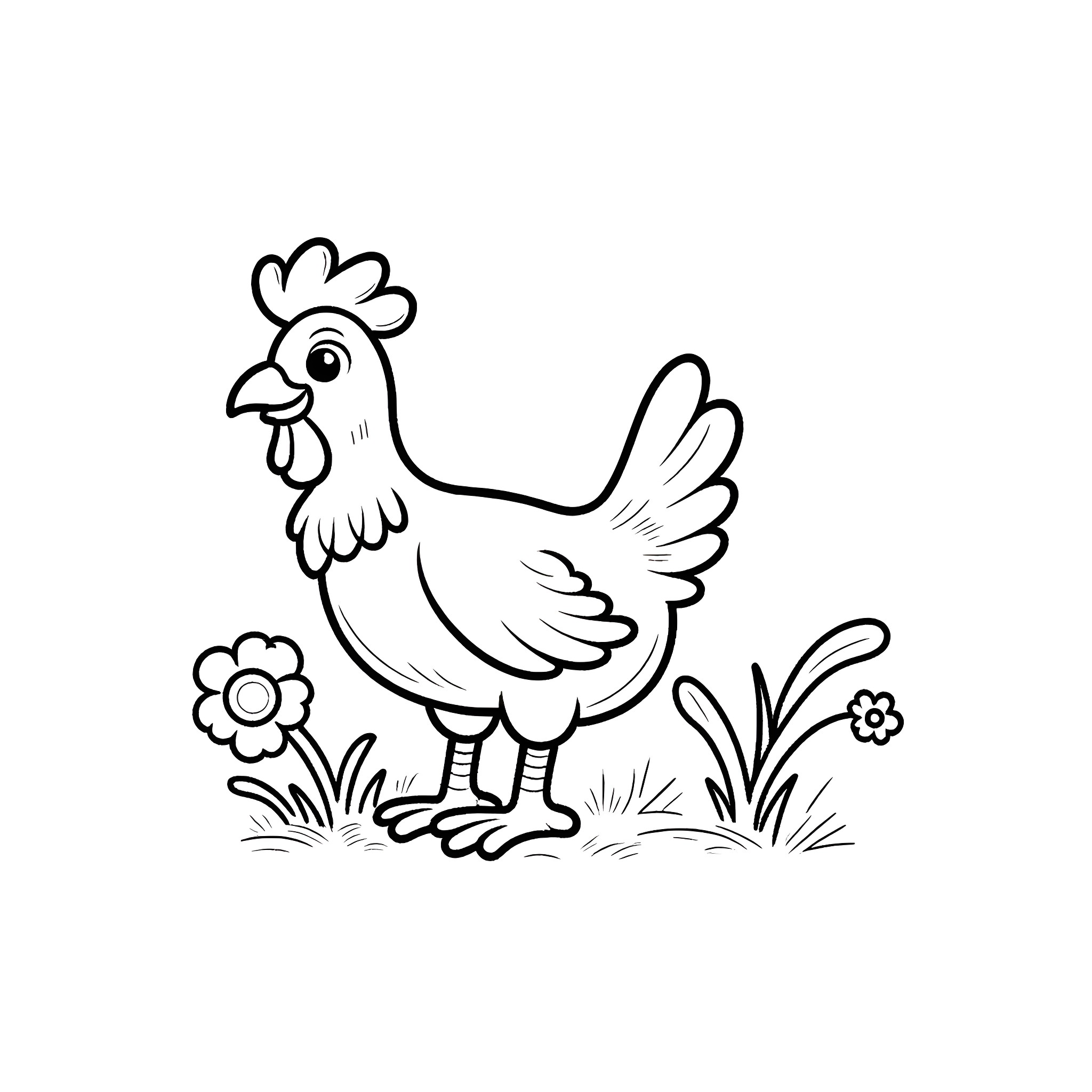 Chicken standing in a grassy field Coloring Page (free black-and-white line drawing printable PDF for all, from beginners to advanced learners, including children, teens, adults, and seniors)