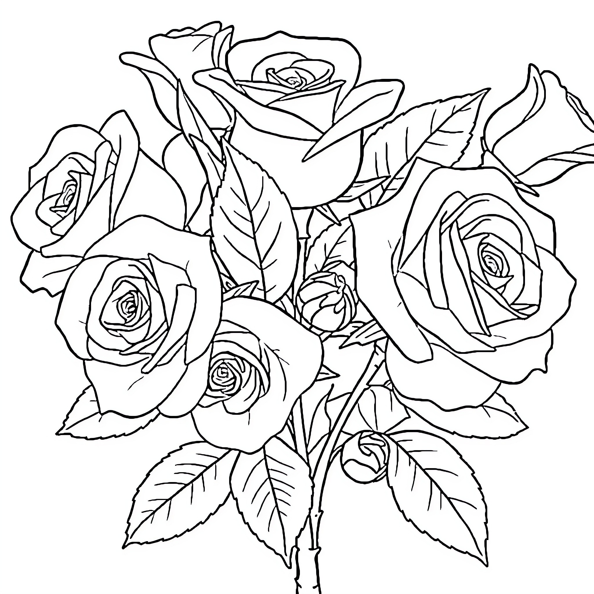 Rose Bouquet Sketch with Detailed Floral Elements Coloring Page (free black-and-white line drawing printable PDF for all, from beginners to advanced learners, including children, teens, adults, and seniors)