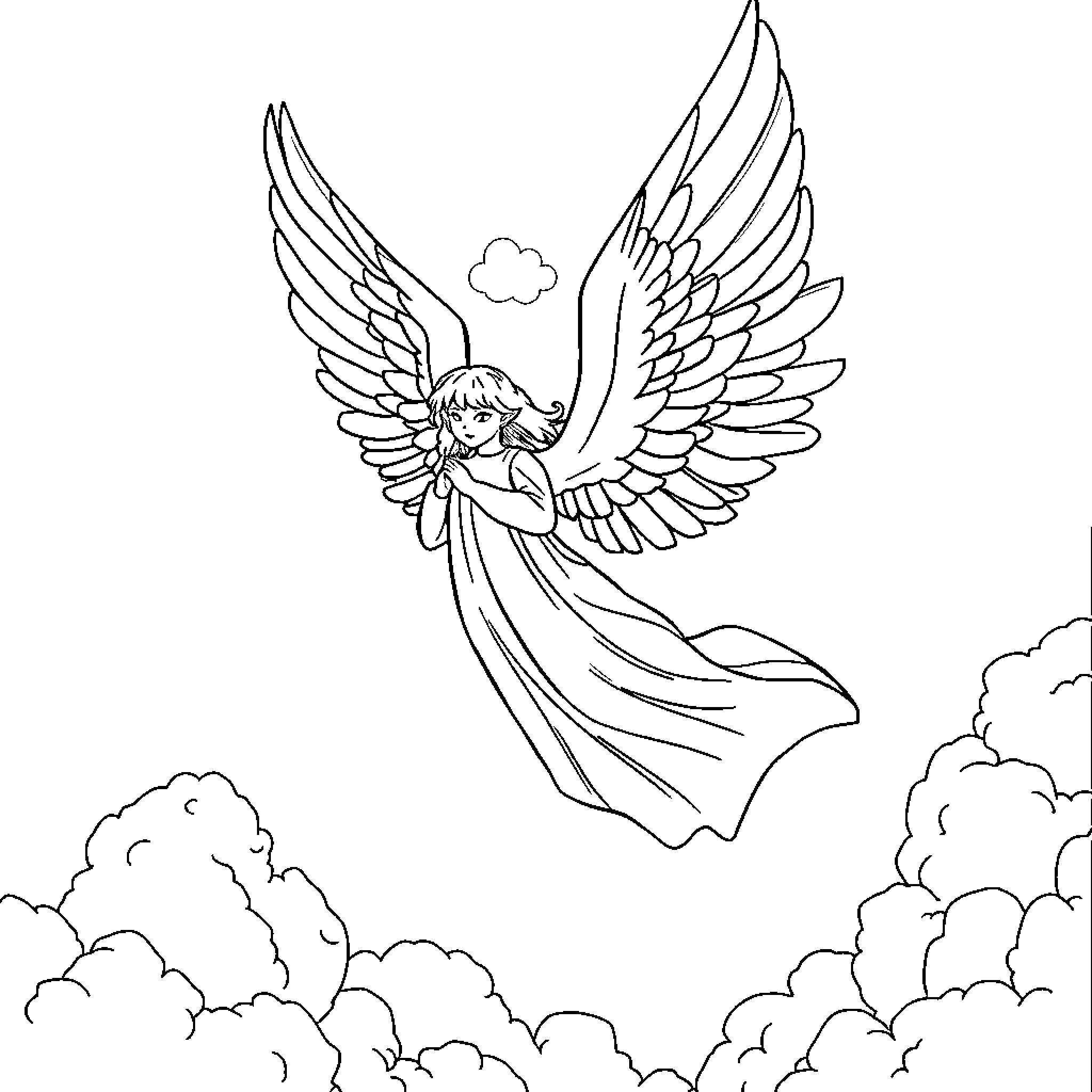 Angel soaring through the clouds with outstretched wings Coloring Page (free black-and-white line drawing printable PDF for all, from beginners to advanced learners, including children, teens, adults, and seniors)
