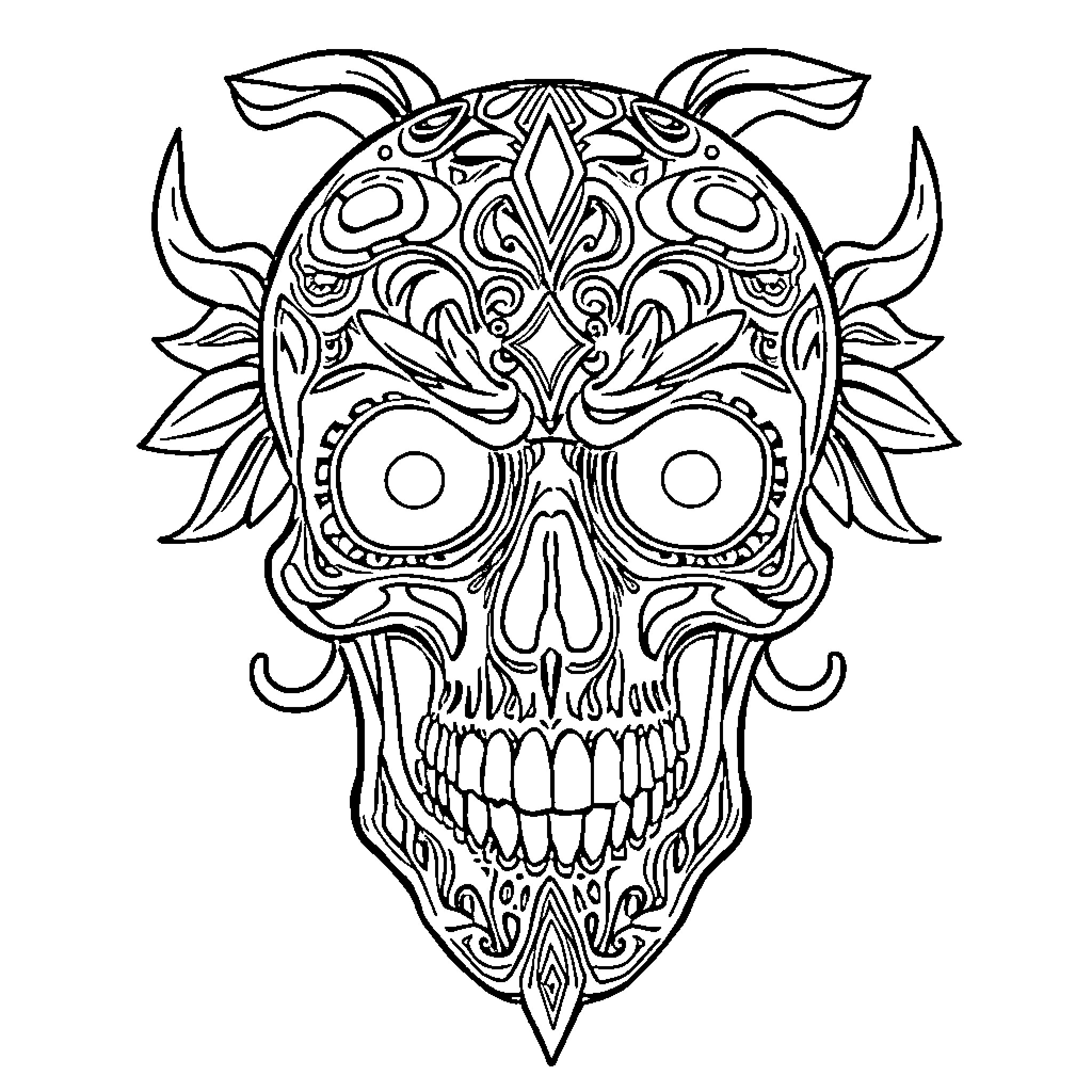 Skull with Intricate Patterns and Designs Coloring Page (free black-and-white line drawing printable PDF for all, from beginners to advanced learners, including children, teens, adults, and seniors)