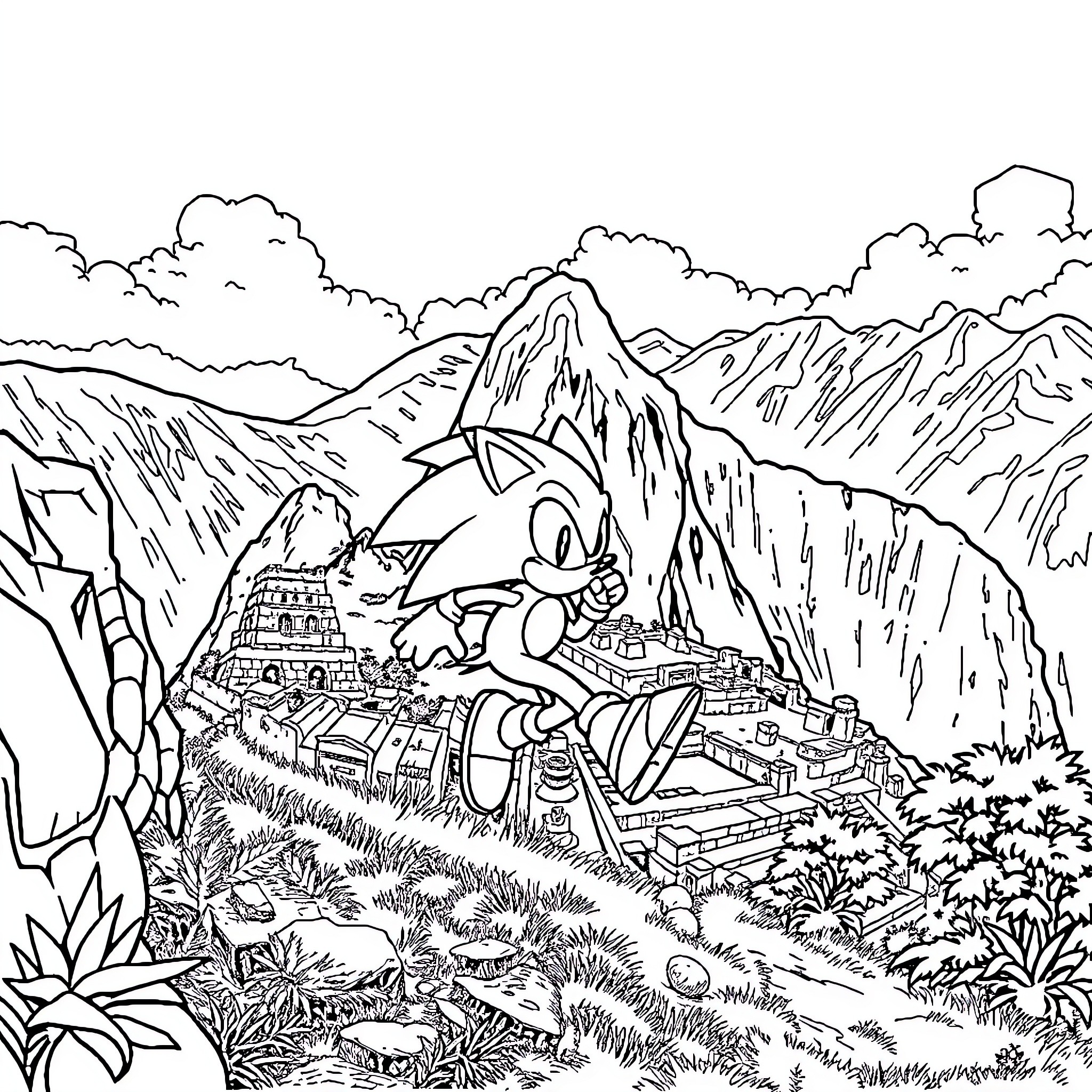 Sonic exploring a mountainous landscape with ruins Coloring Page (free black-and-white line drawing printable PDF for all, from beginners to advanced learners, including children, teens, adults, and seniors)