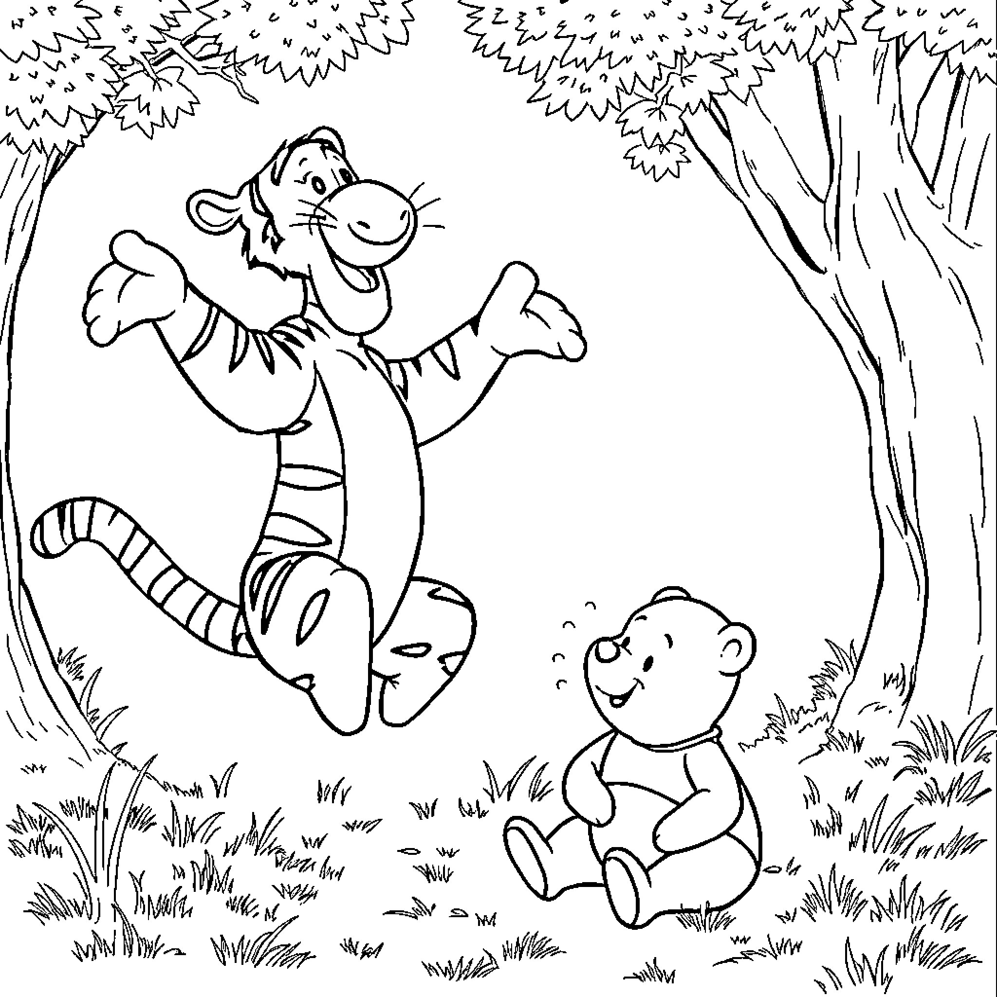 Tigger bouncing happily with Winnie the Pooh in the forest Coloring Page (free black-and-white line drawing printable PDF for all, from beginners to advanced learners, including children, teens, adults, and seniors)