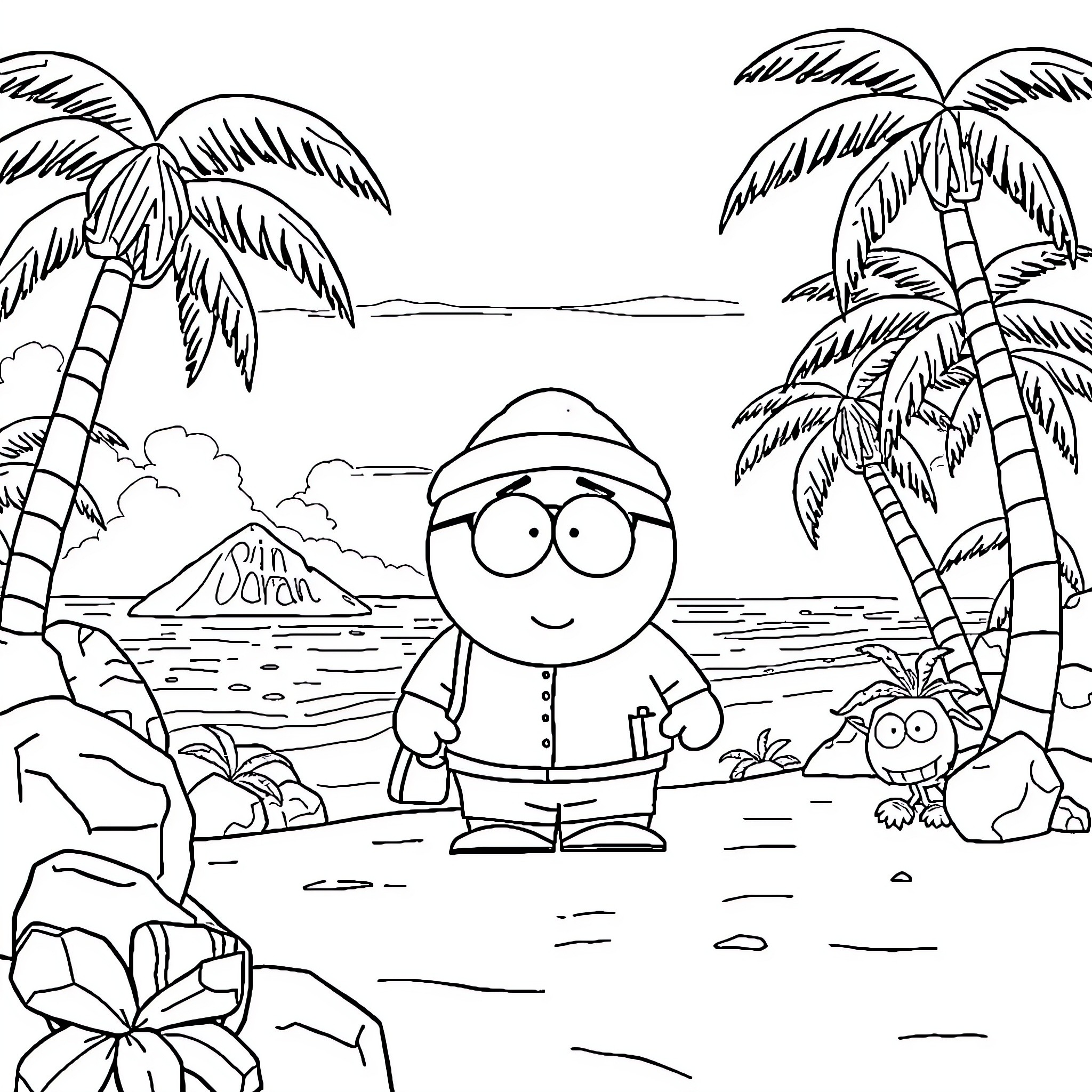 Cartman enjoying a tropical beach vacation Coloring Page (free black-and-white line drawing printable PDF for all, from beginners to advanced learners, including children, teens, adults, and seniors)