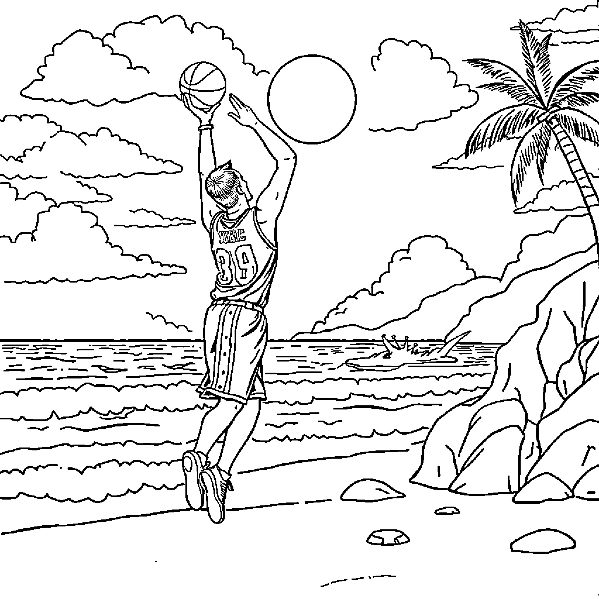 Nikola Jokic playing basketball on the beach Coloring Page (free black-and-white line drawing printable PDF for all, from beginners to advanced learners, including children, teens, adults, and seniors)