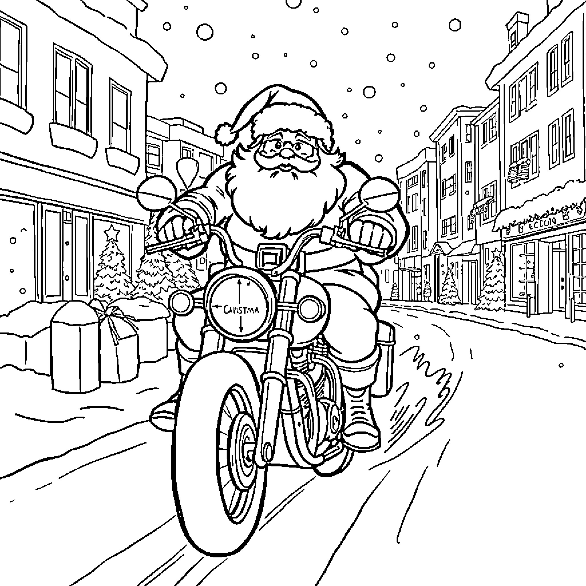 Santa riding motorcycle through winter town Coloring Page (free black-and-white line drawing printable PDF for all, from beginners to advanced learners, including children, teens, adults, and seniors)