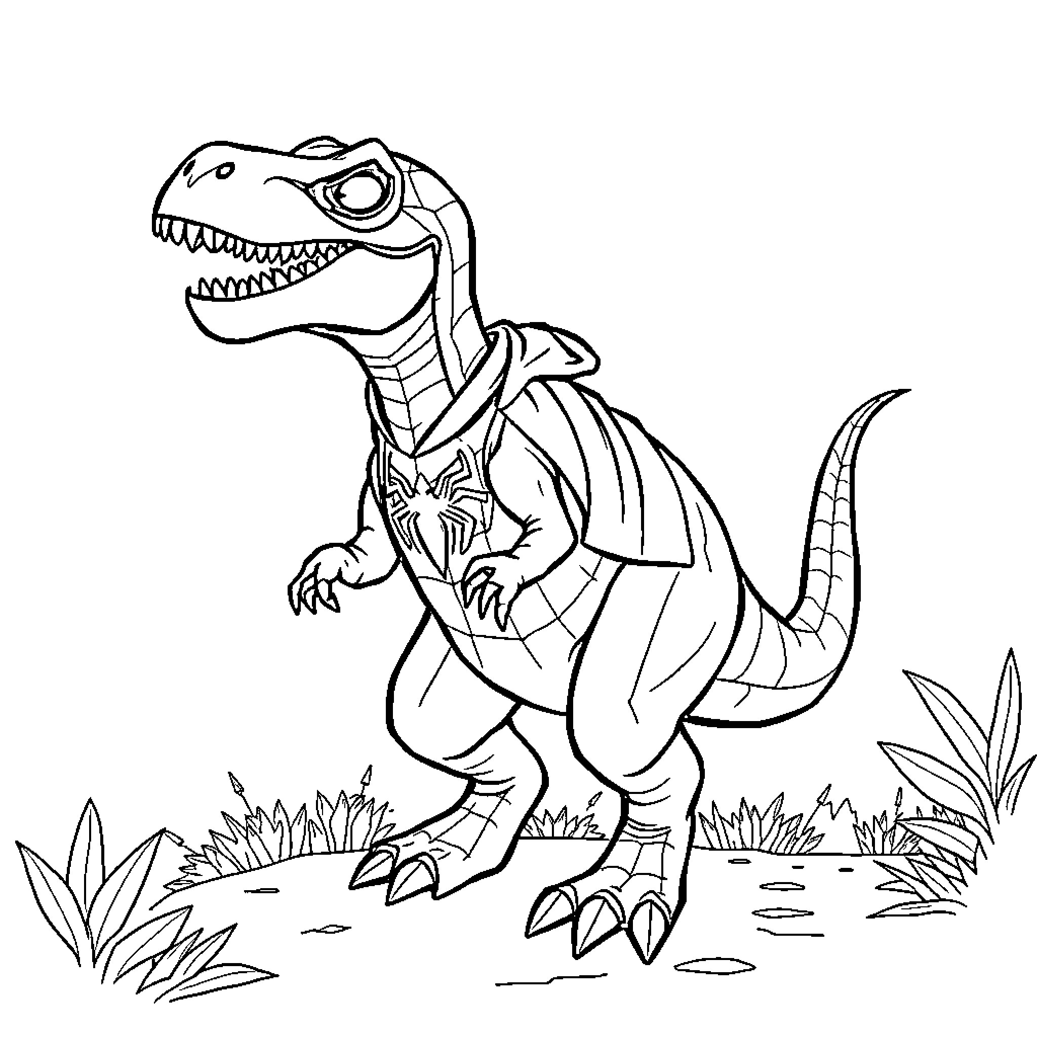 Dinosaur roaring in the jungle Coloring Page (free black-and-white line drawing printable PDF for all, from beginners to advanced learners, including children, teens, adults, and seniors)
