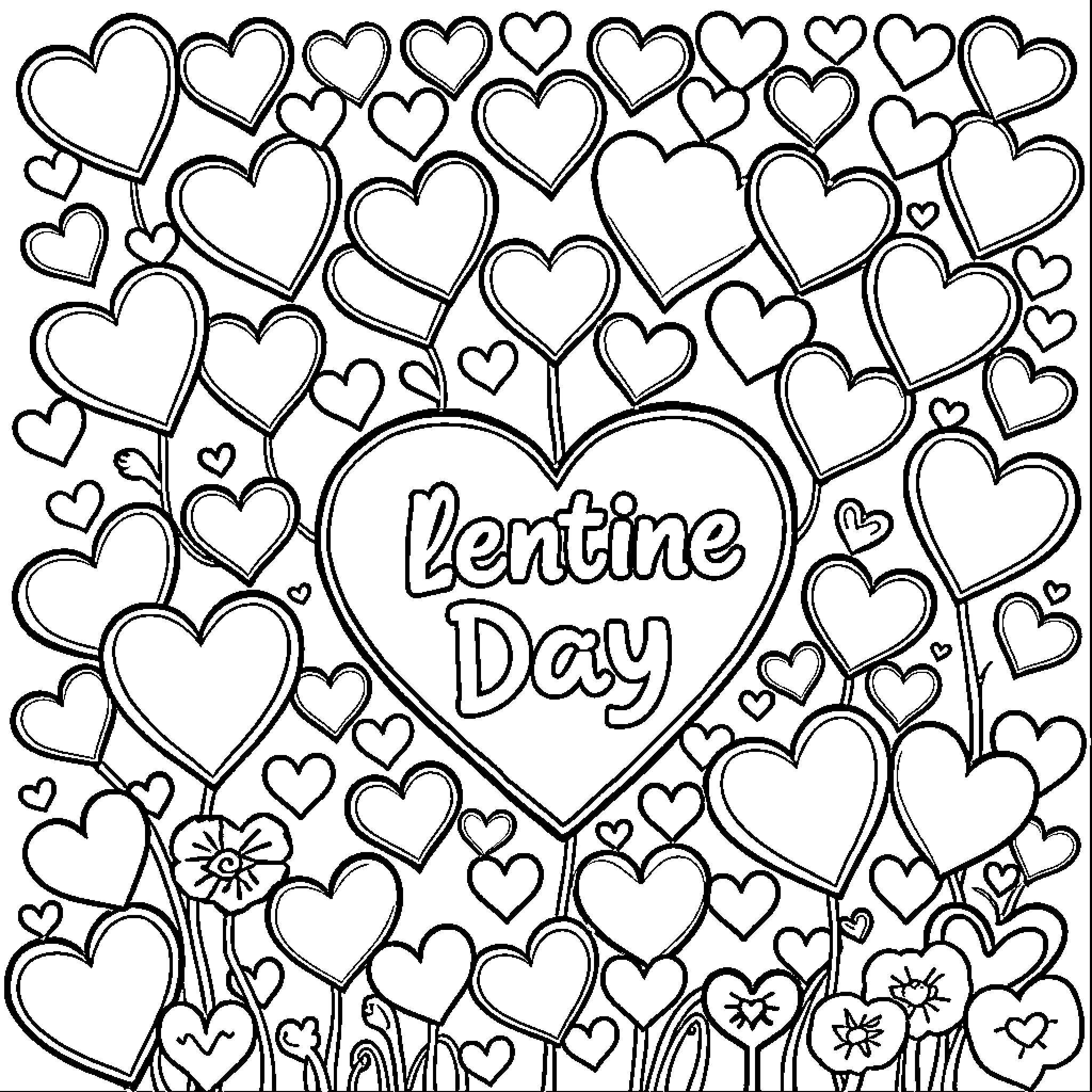 Valentine Day hearts and flowers Coloring Page (free black-and-white line drawing printable PDF for all, from beginners to advanced learners, including children, teens, adults, and seniors)