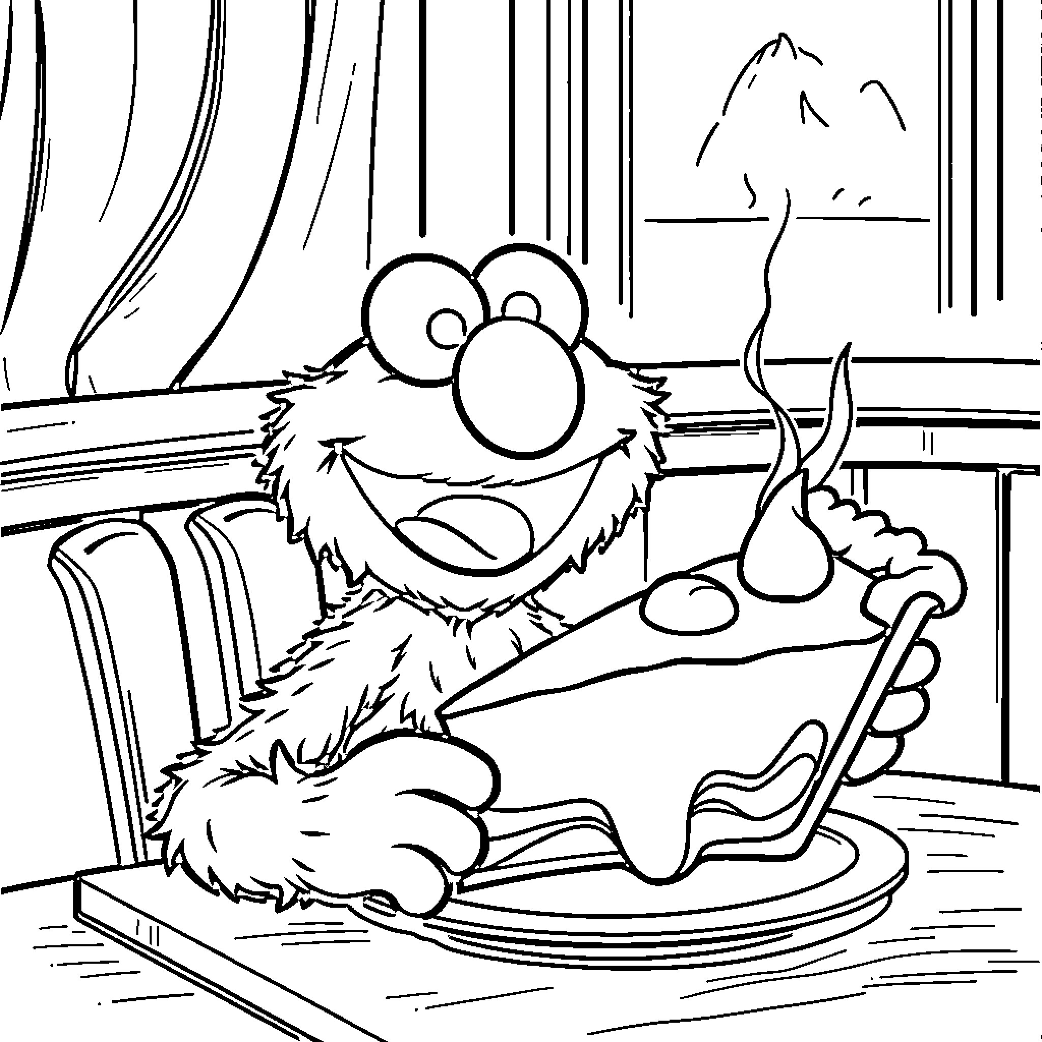 Elmo enjoying a delicious meal Coloring Page (free black-and-white line drawing printable PDF for all, from beginners to advanced learners, including children, teens, adults, and seniors)