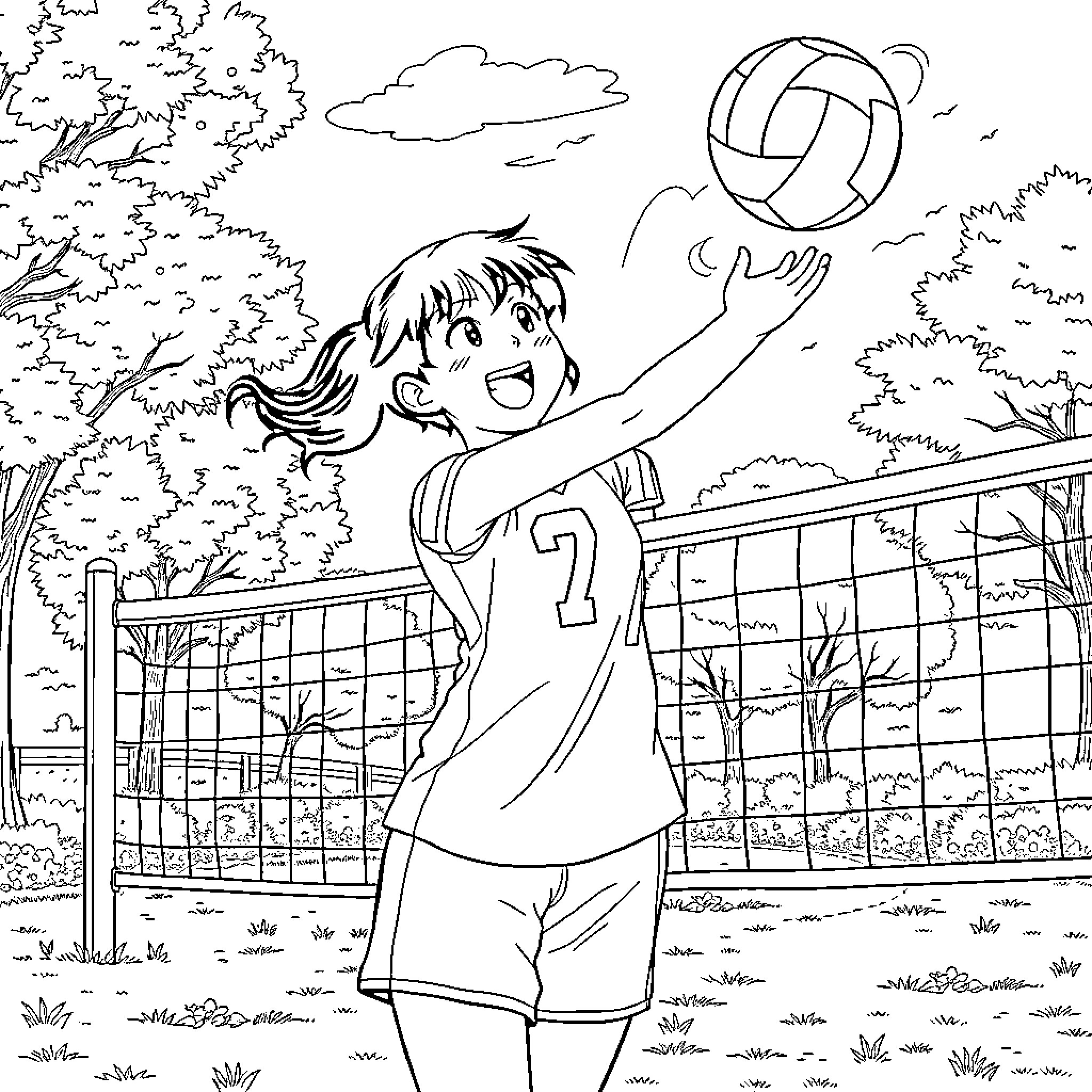Nezuko playing volleyball cheerfully on the field Coloring Page (free black-and-white line drawing printable PDF for all, from beginners to advanced learners, including children, teens, adults, and seniors)