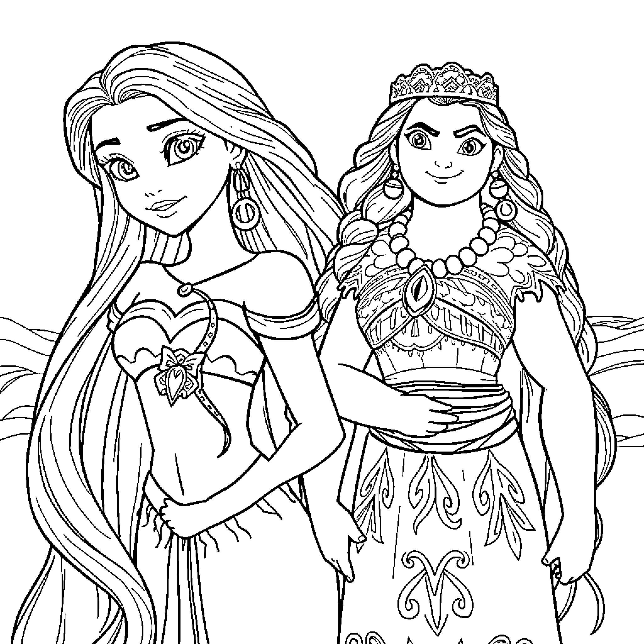 Disney Characters in Elaborate Costumes and Hairstyles Coloring Page (free black-and-white line drawing printable PDF for all, from beginners to advanced learners, including children, teens, adults, and seniors)