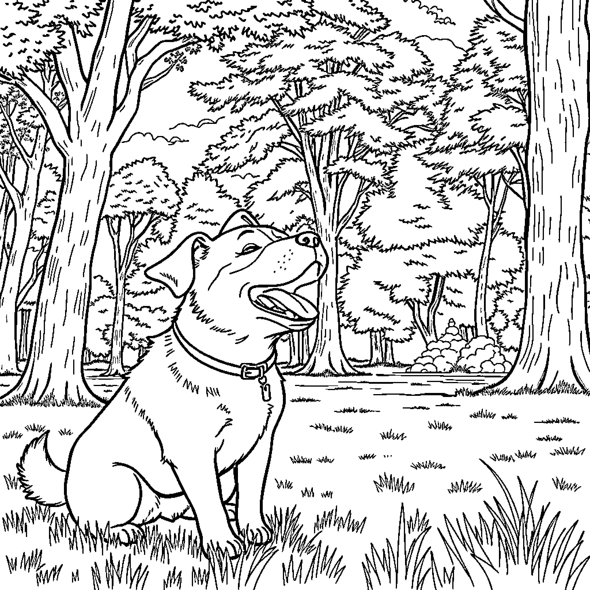 Dog enjoying nature in the forest Coloring Page (free black-and-white line drawing printable PDF for all, from beginners to advanced learners, including children, teens, adults, and seniors)